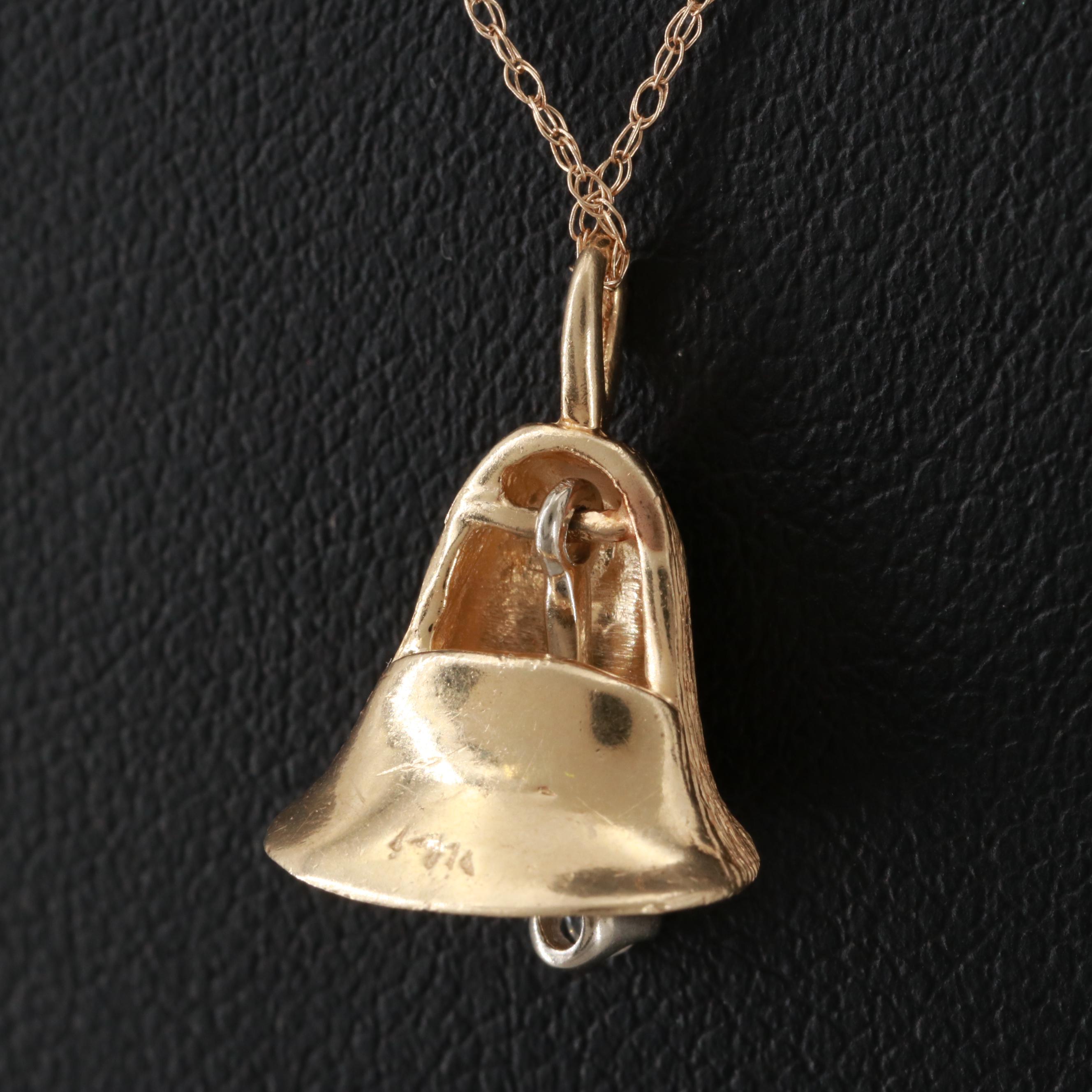 14K Yellow Gold Diamond Articulated Bell Pendant Necklace