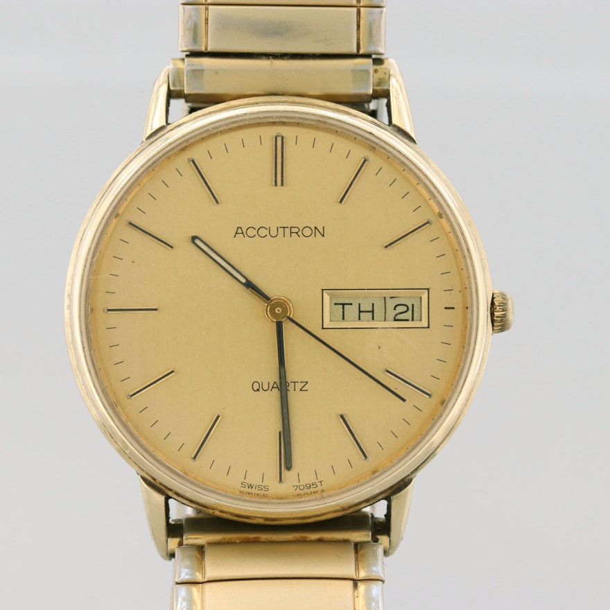 Vintage Bulova Accutron 14K Yellow Gold Quartz Wristwatch with Day and Date