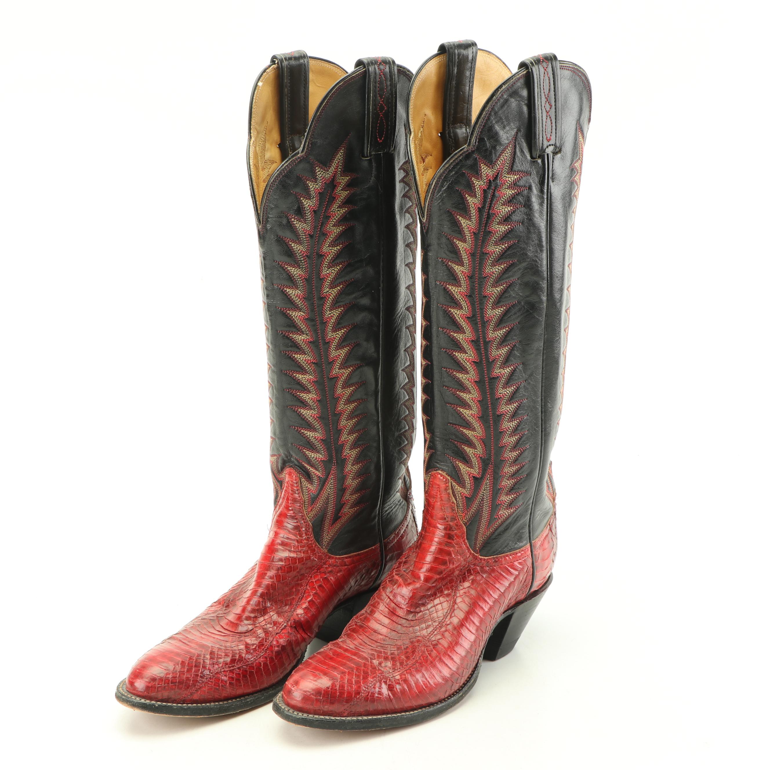 Women's Tony Lama Red Python Snakeskin and Black Leather Western Boots