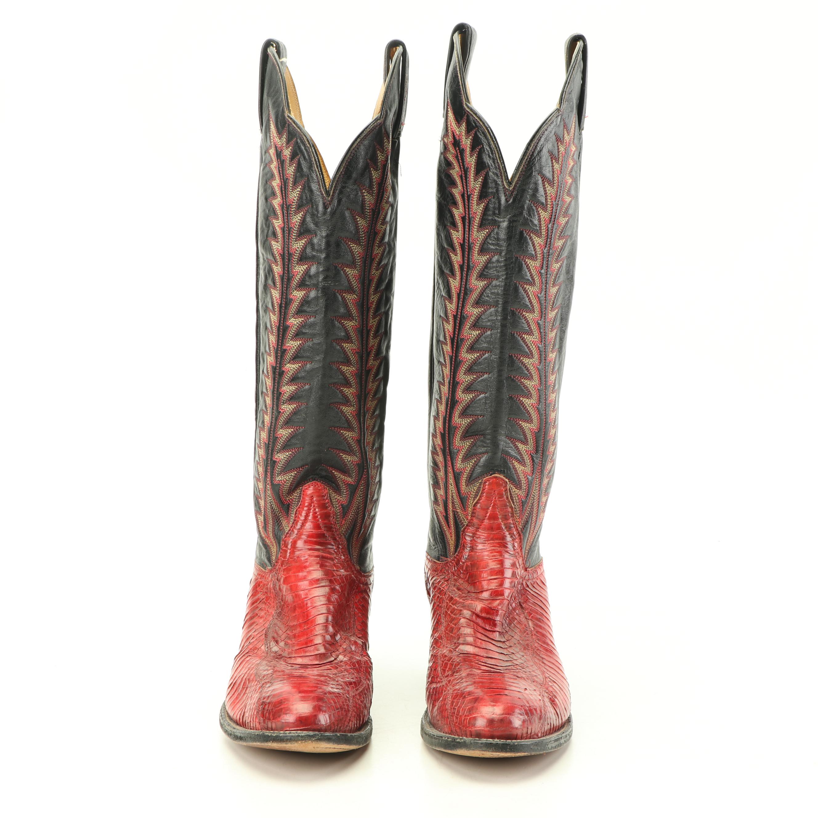 Women's Tony Lama Red Python Snakeskin and Black Leather Western Boots