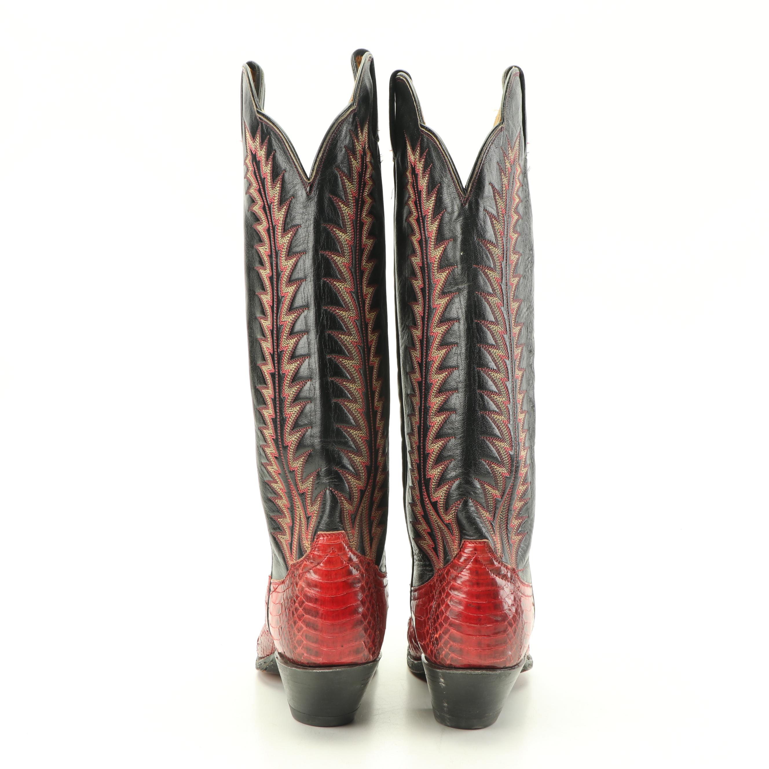Women's Tony Lama Red Python Snakeskin and Black Leather Western Boots