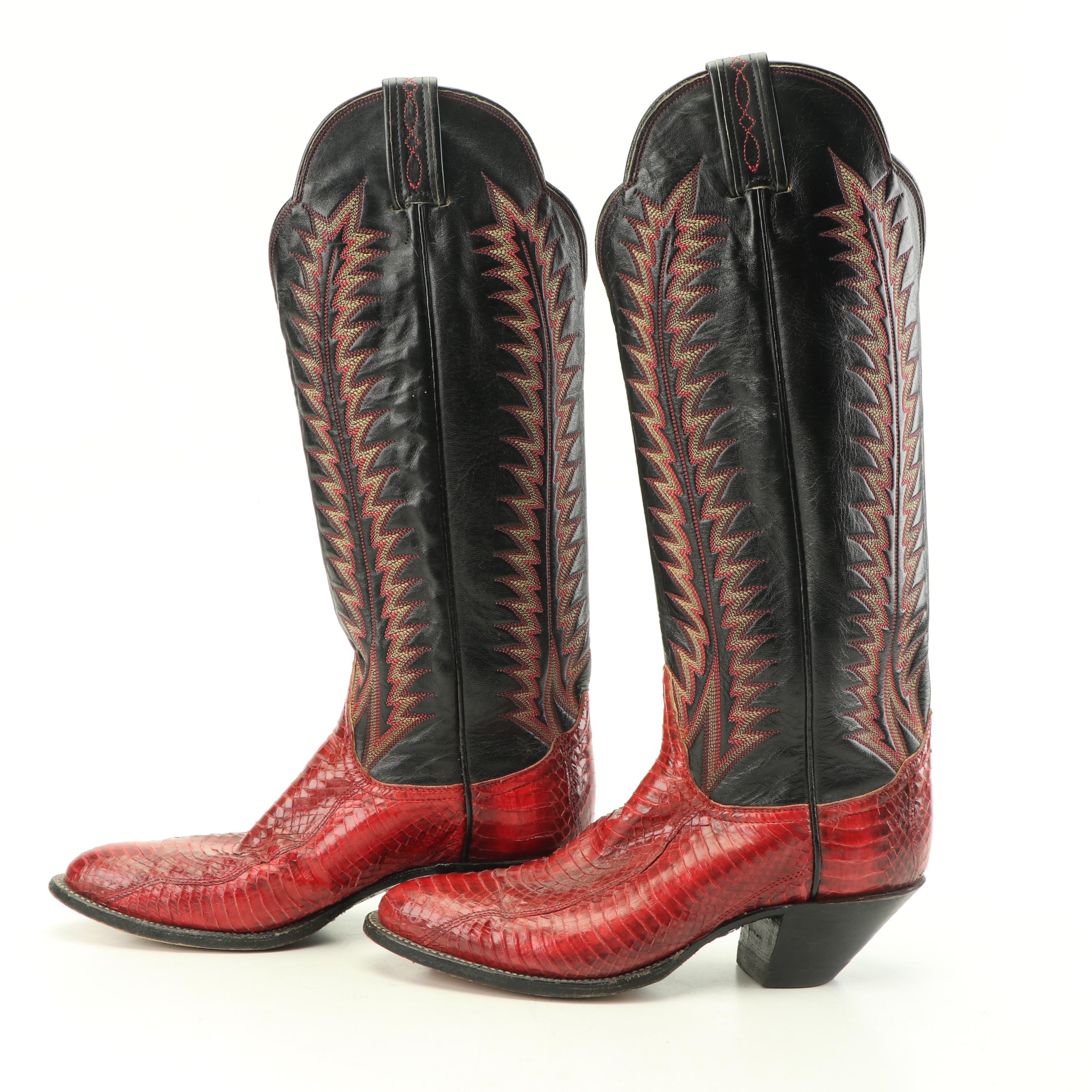 Women's Tony Lama Red Python Snakeskin and Black Leather Western Boots