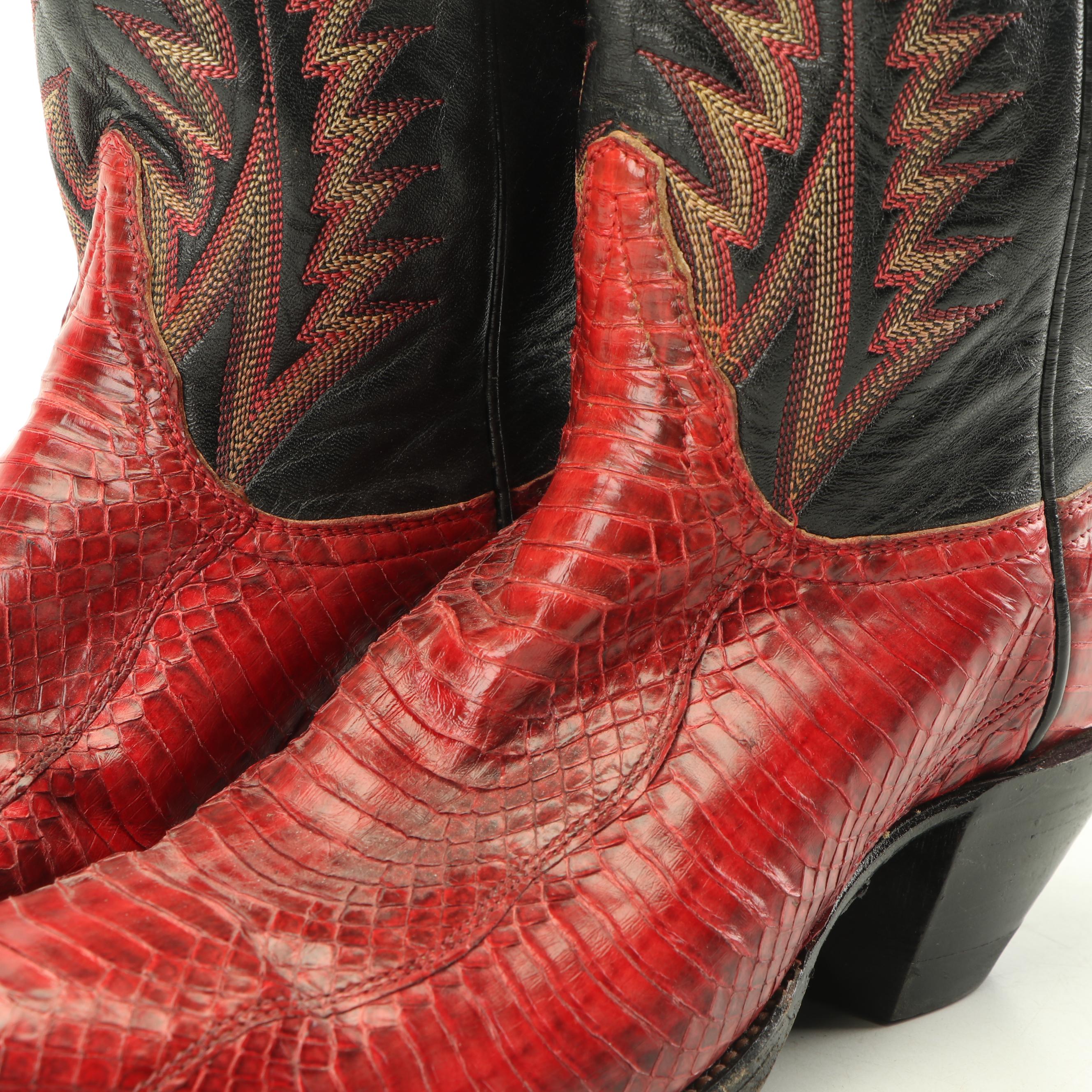 Women's Tony Lama Red Python Snakeskin and Black Leather Western Boots