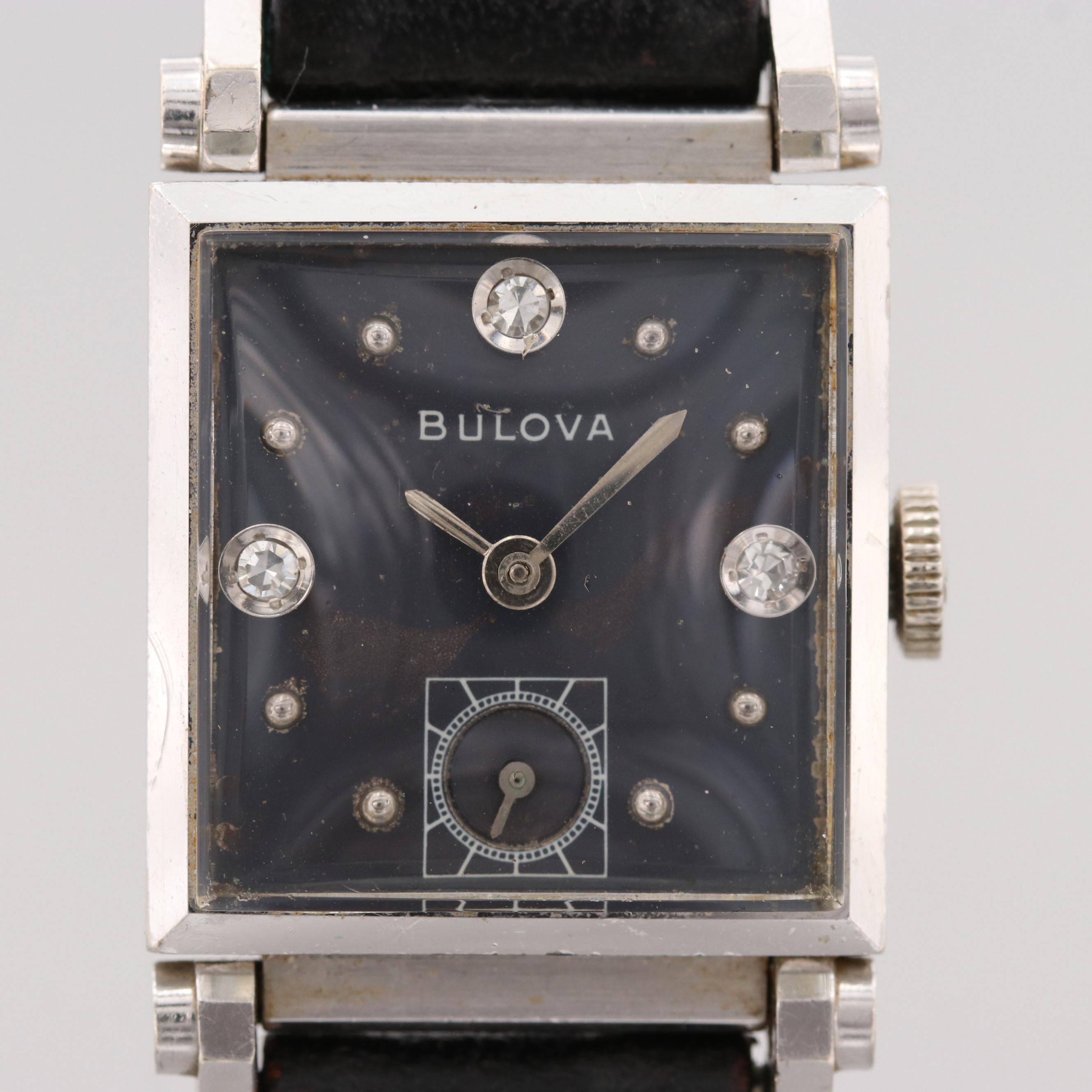 Vintage Bulova 14K White Gold Stem Wind Watch With Diamond Dial