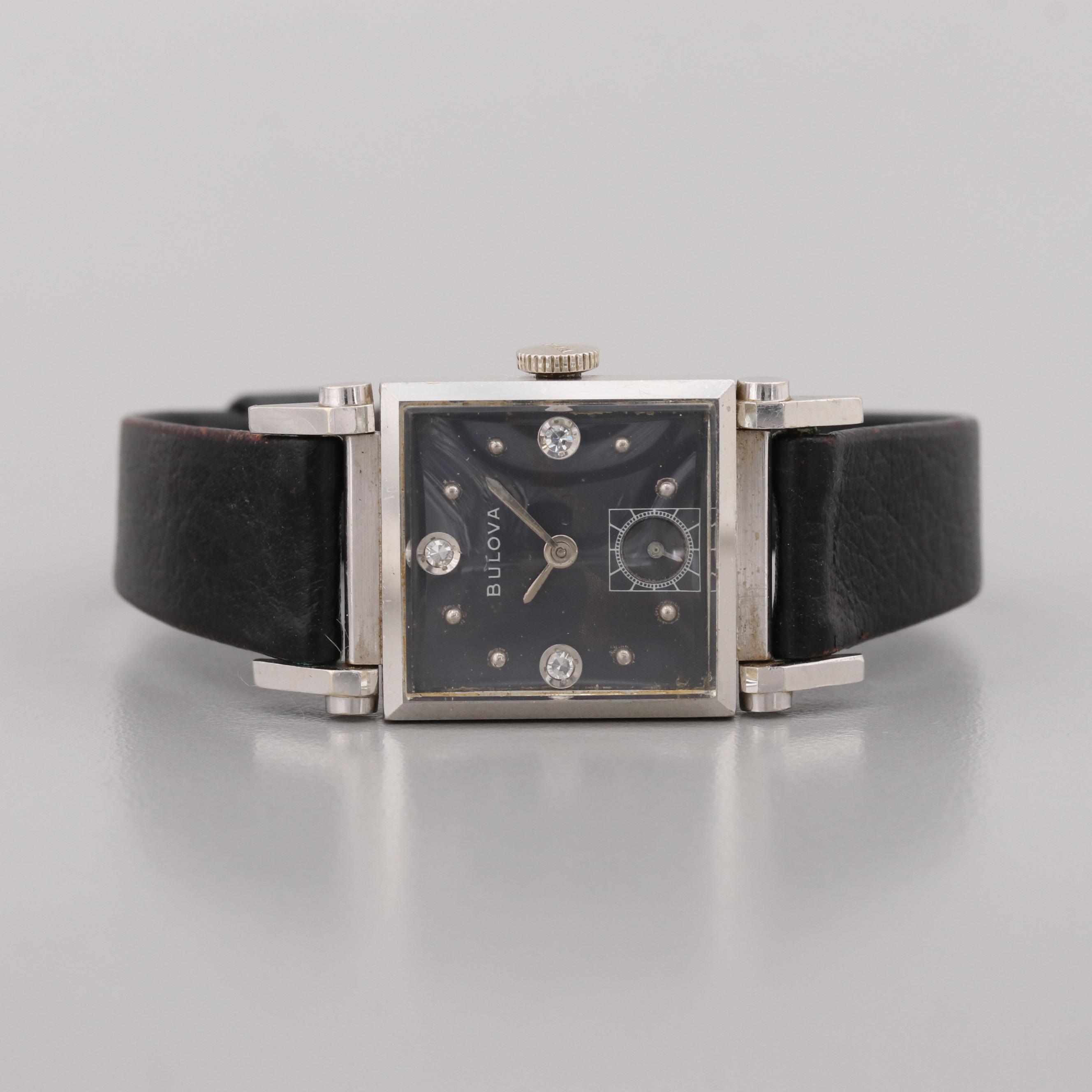 Vintage Bulova 14K White Gold Stem Wind Watch With Diamond Dial