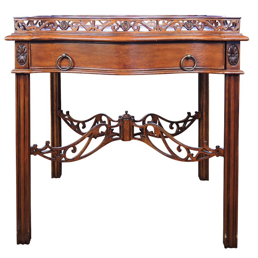 Chippendale Style Galleried Mahogany Finish Wooden Table, Contemporary