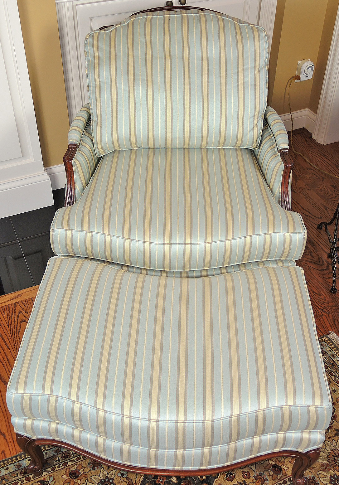 Ethan Allen "Versailles" Wood Framed Arm Chair and Ottoman