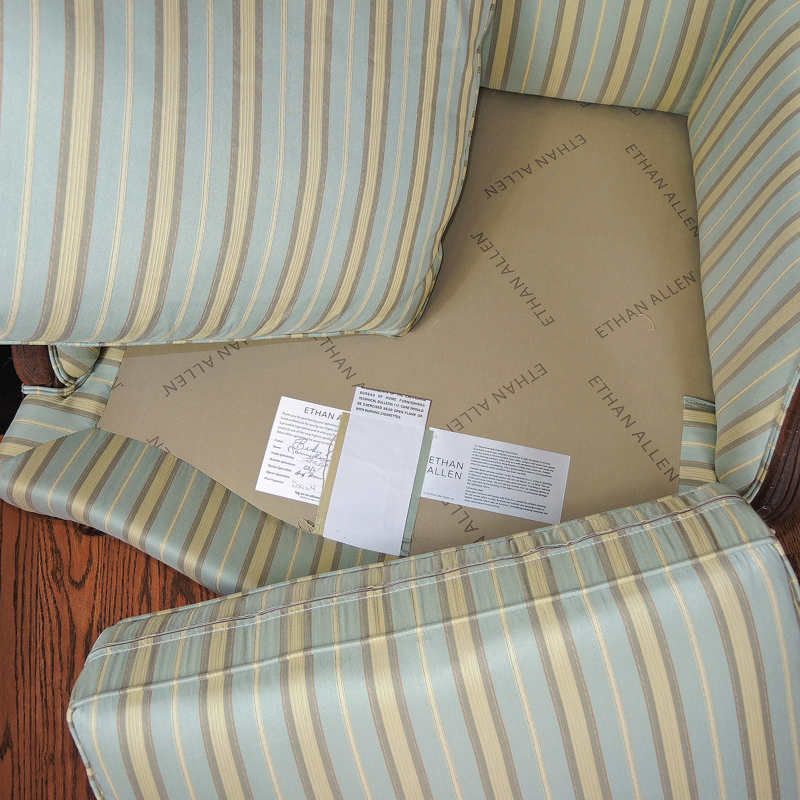 Ethan Allen "Versailles" Wood Framed Arm Chair and Ottoman