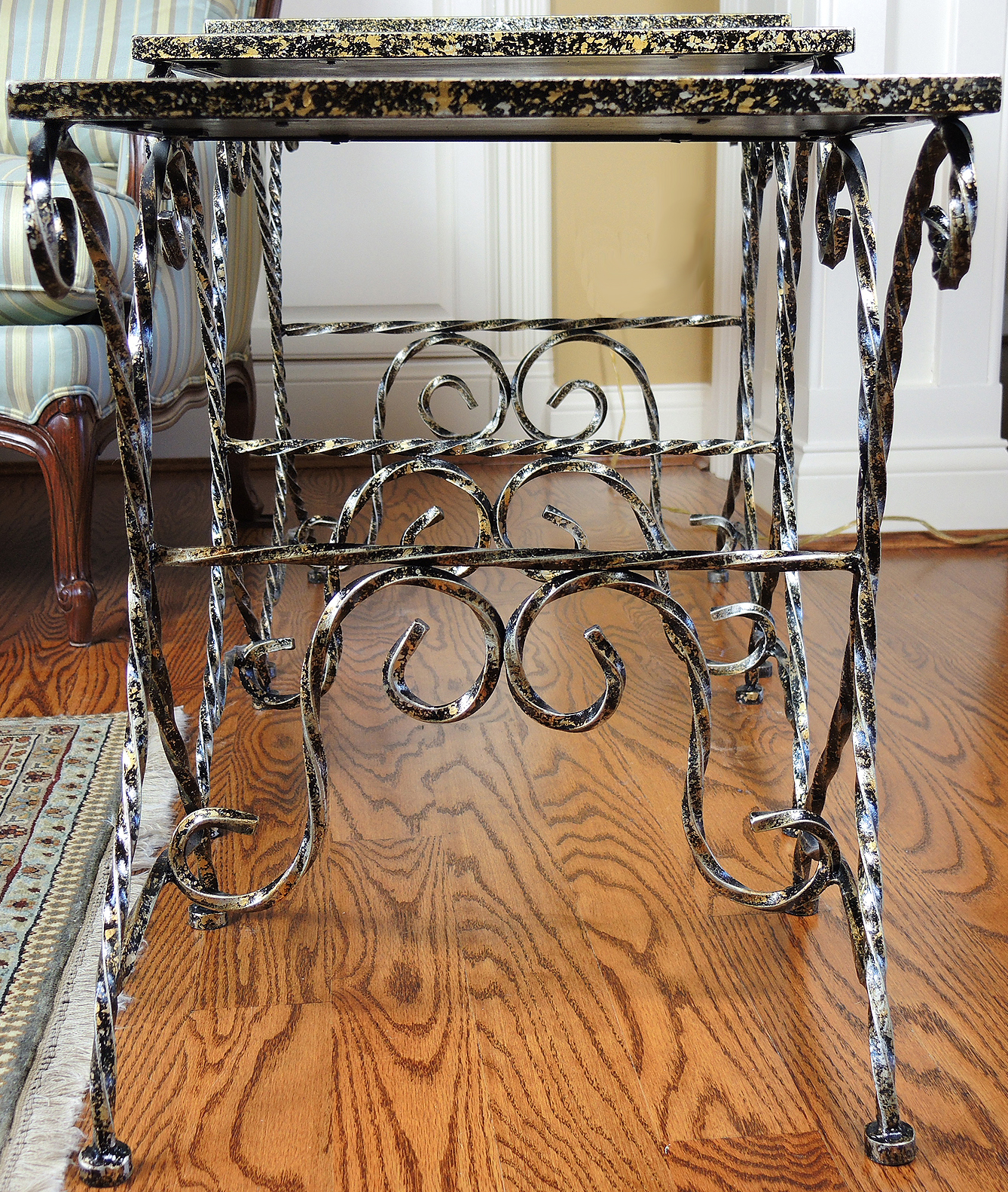 Mirrored Graduated Tables with Scrolled and Braided Leg Design