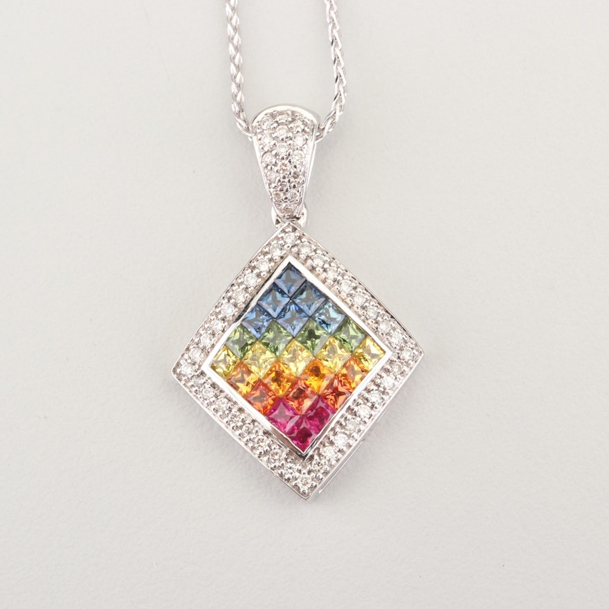 18K White Gold Diamond and Multi-Colored Gemstone Pendant on a 14K Gold Chain