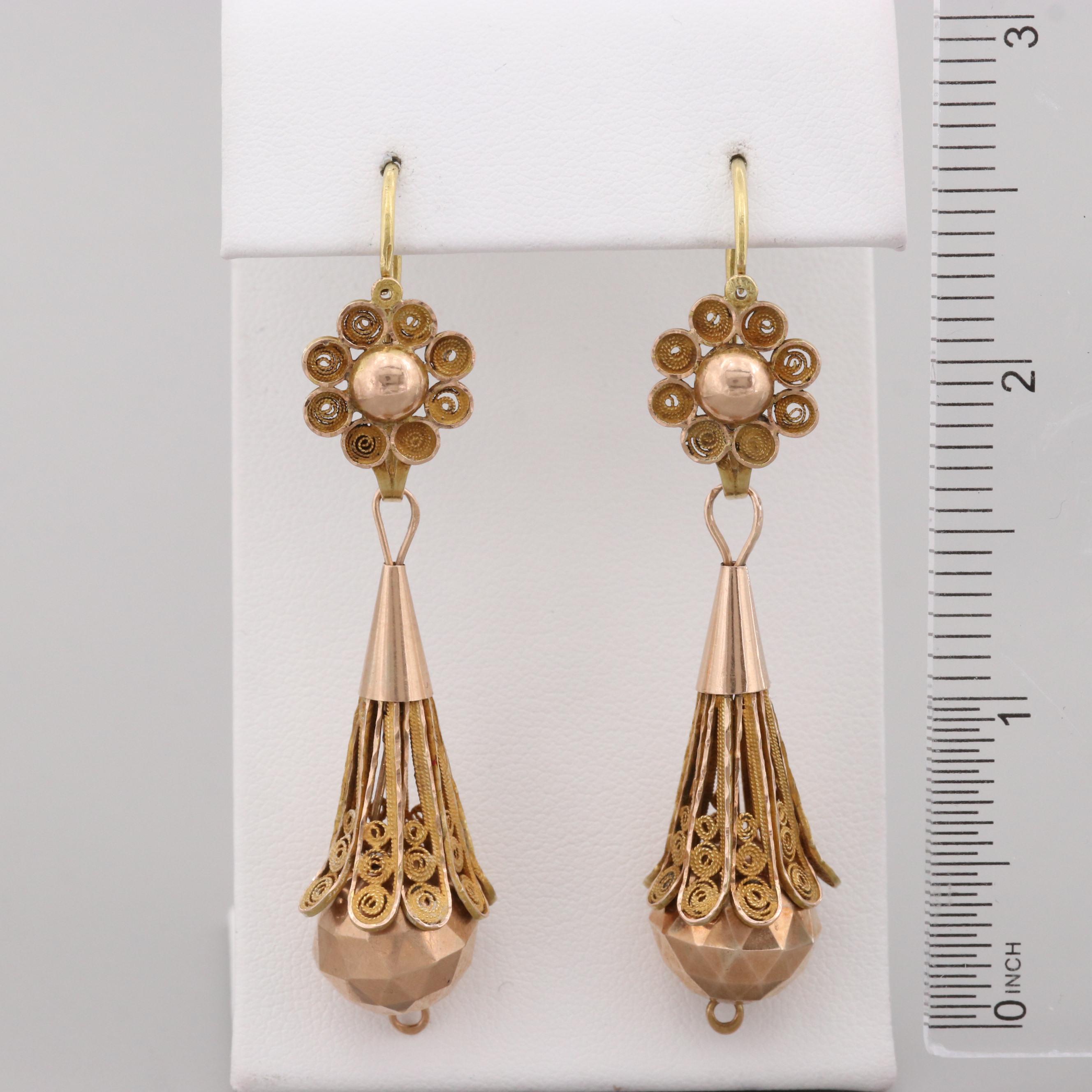Victorian 14K Yellow and Rose Gold Filagree Day to Night Earrings