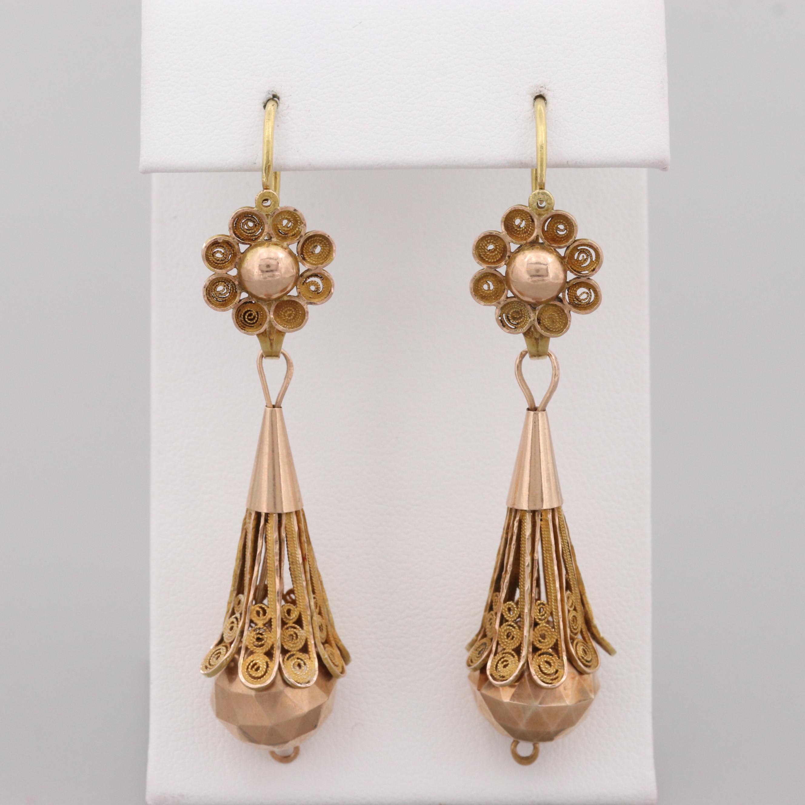 Victorian 14K Yellow and Rose Gold Filagree Day to Night Earrings