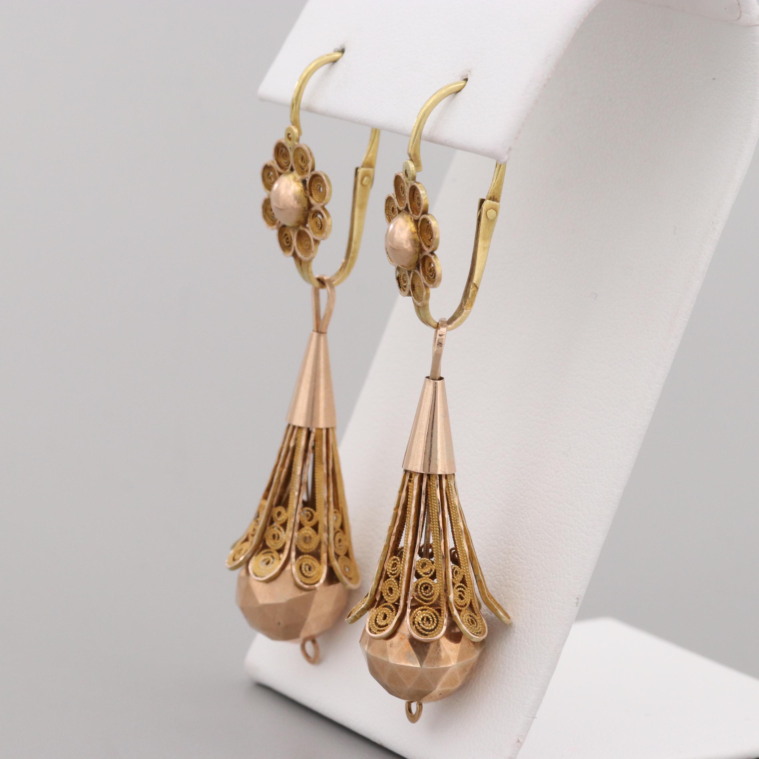 Victorian 14K Yellow and Rose Gold Filagree Day to Night Earrings