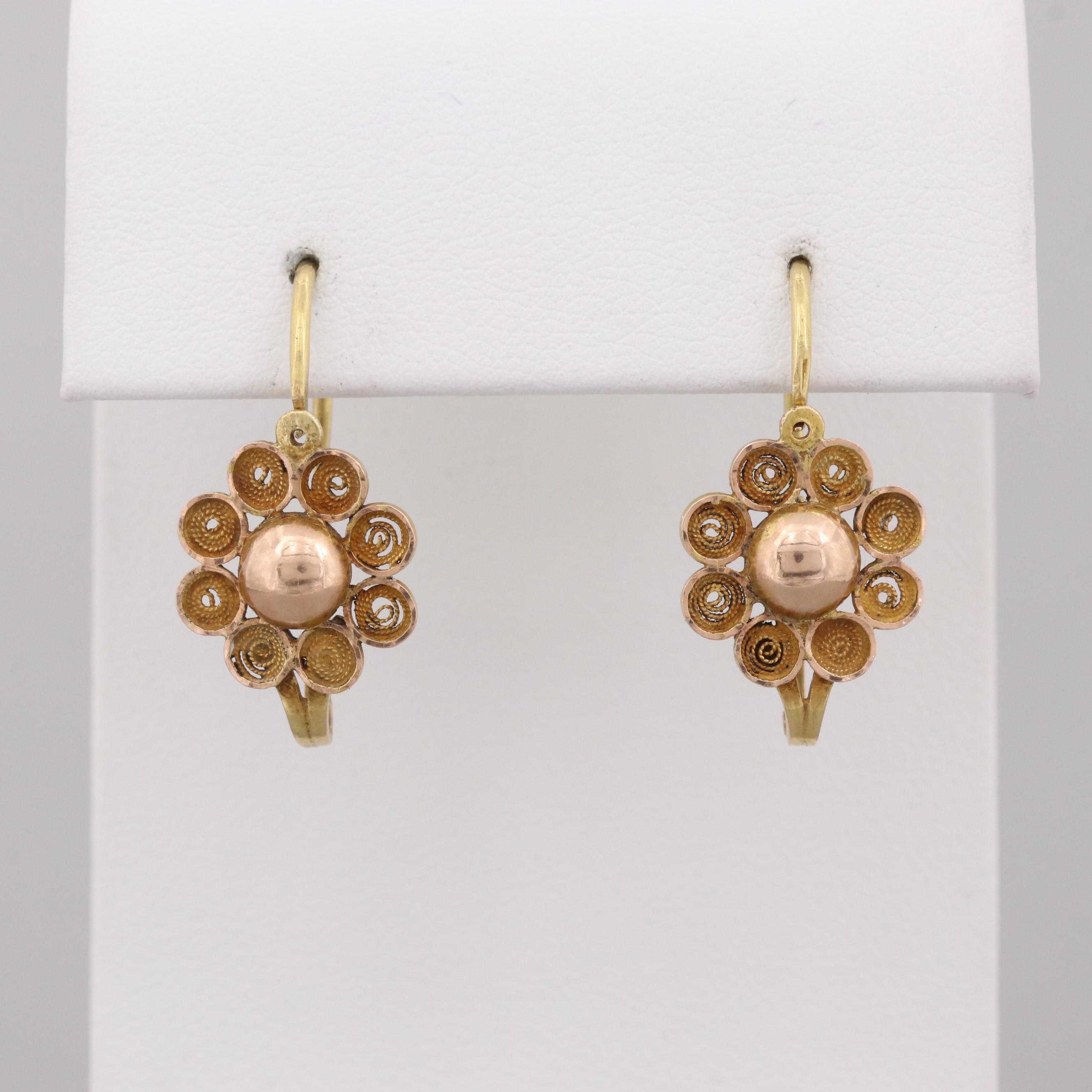 Victorian 14K Yellow and Rose Gold Filagree Day to Night Earrings