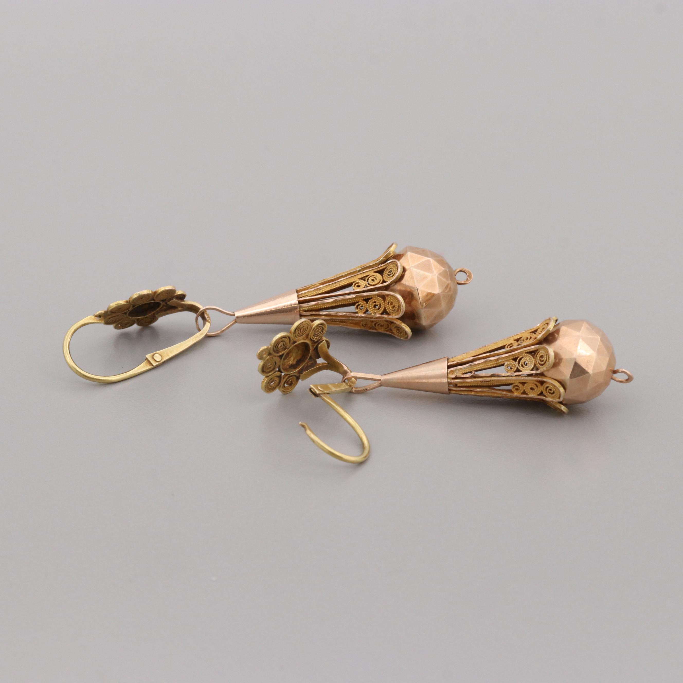 Victorian 14K Yellow and Rose Gold Filagree Day to Night Earrings