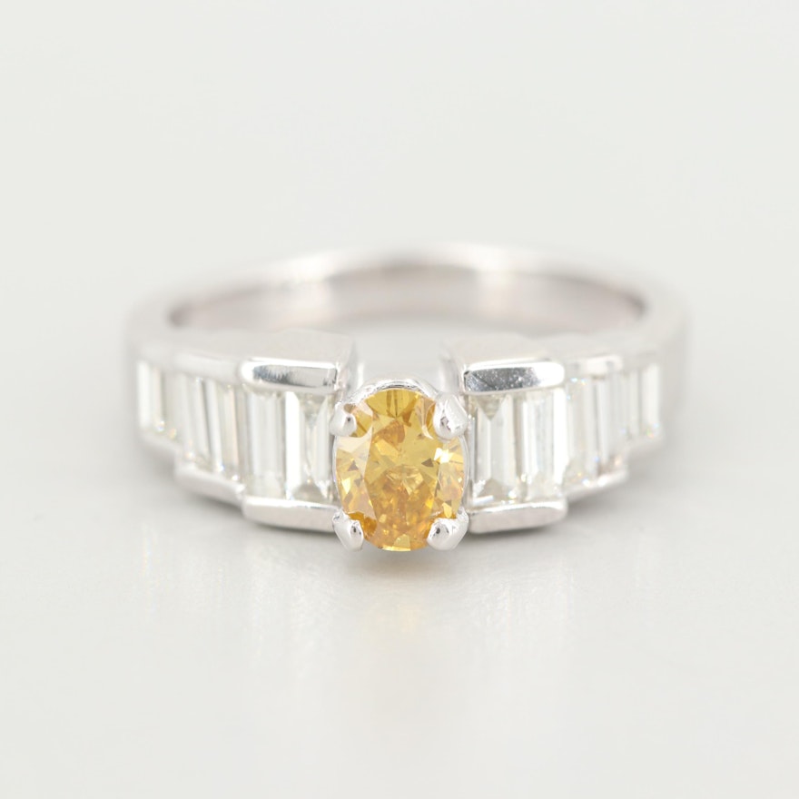 14K Gold 1.59 CTW Diamond Ring with GIA Report Including Fancy Yellow Diamond