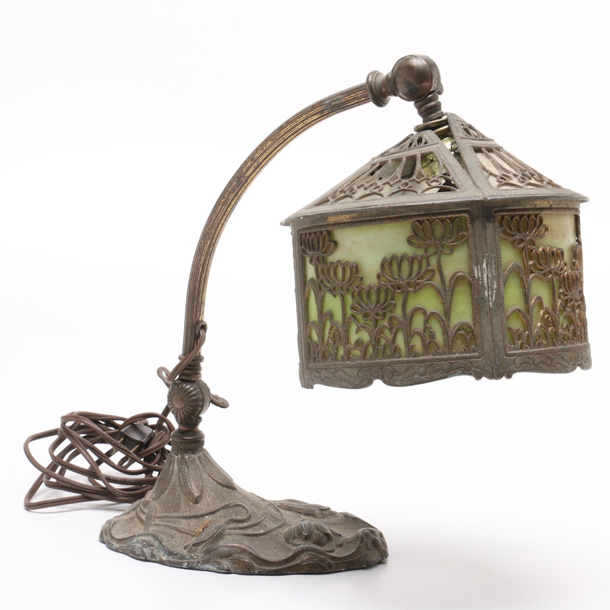 Art Nouveau Desk Lamp with Overlay Slag Glass Shade After Miller