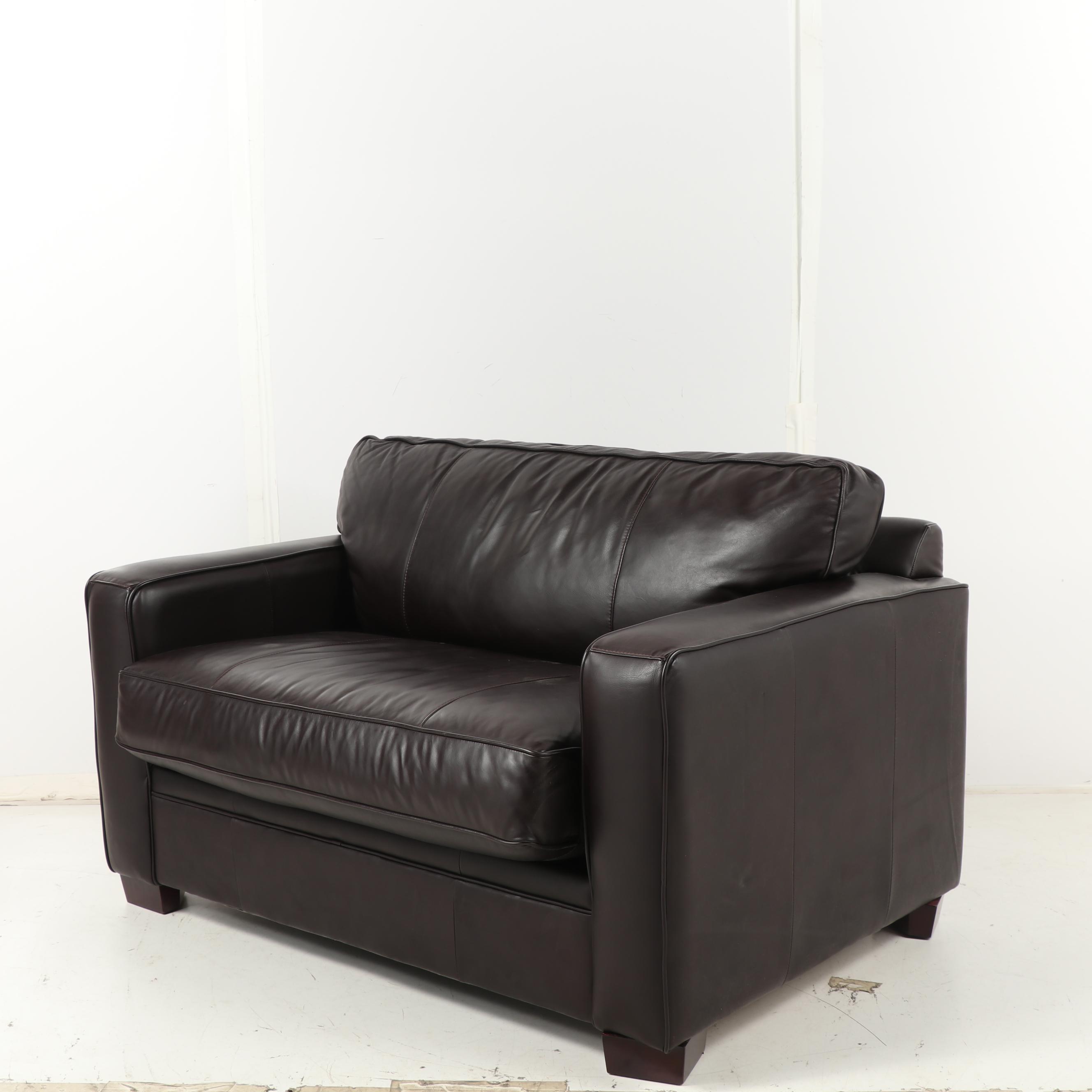 Dark Brown Leather Pull-Out Love Seat