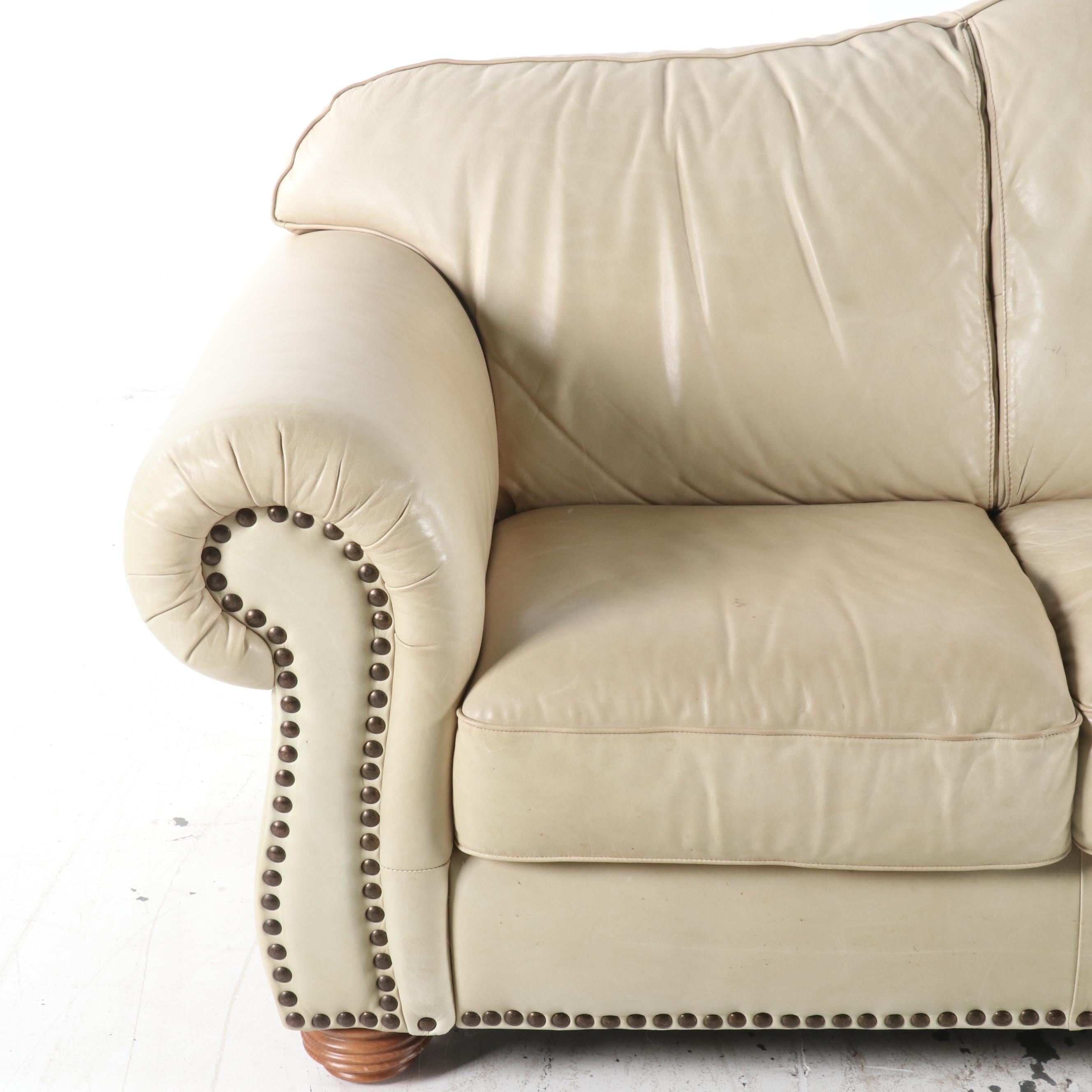 Contemporary Leather Camelback Sofa with Nailhead Trim