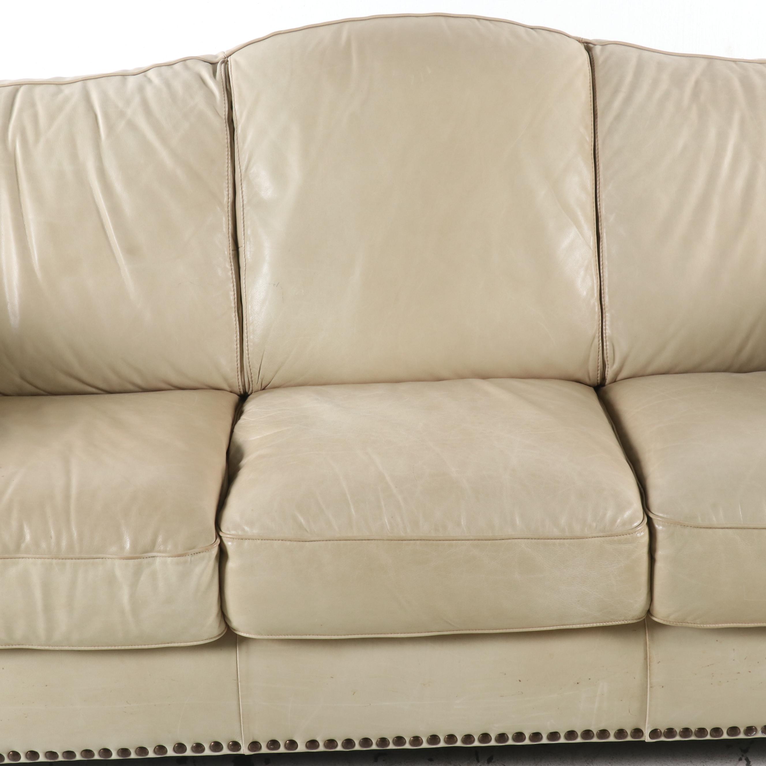 Contemporary Leather Camelback Sofa with Nailhead Trim