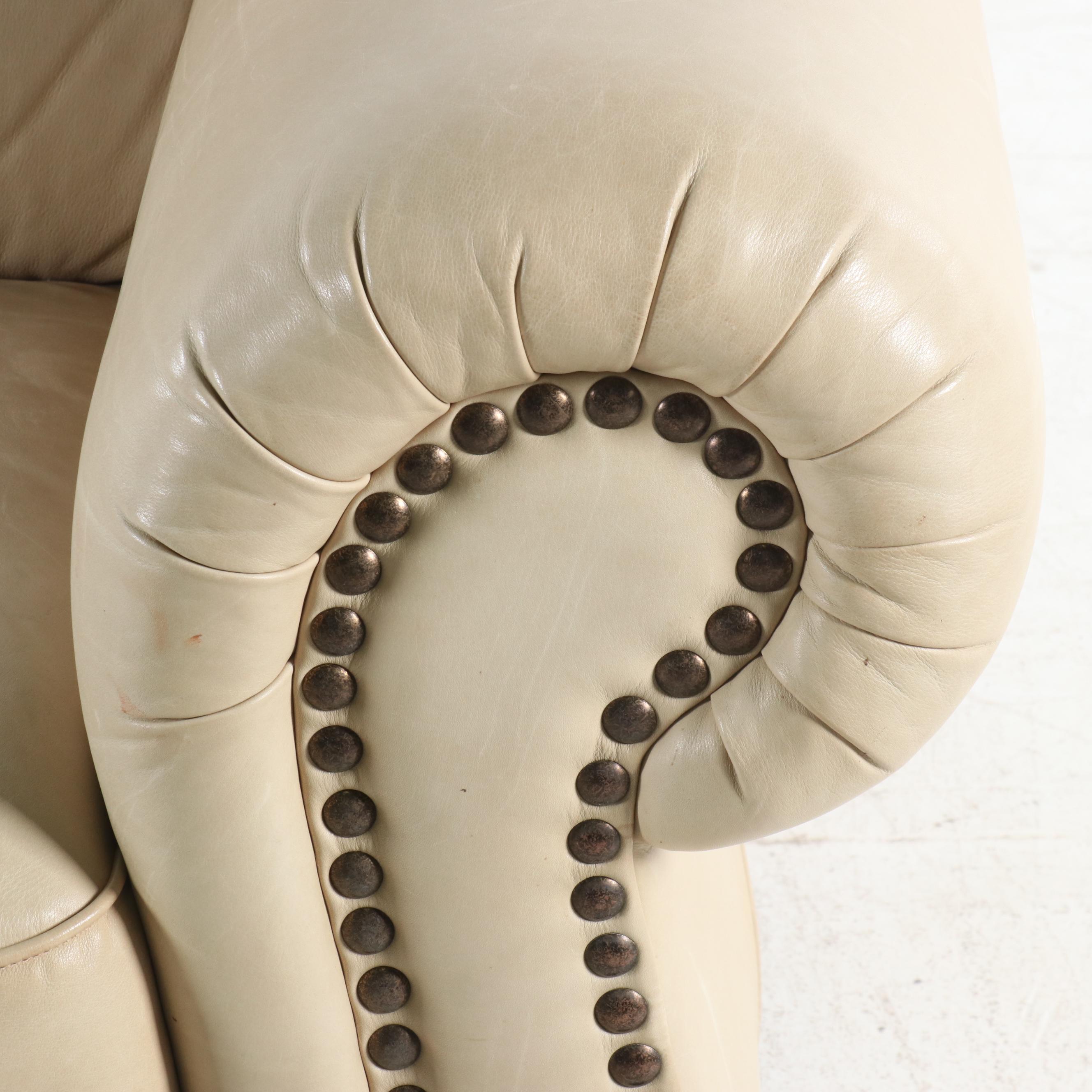 Contemporary Leather Camelback Sofa with Nailhead Trim