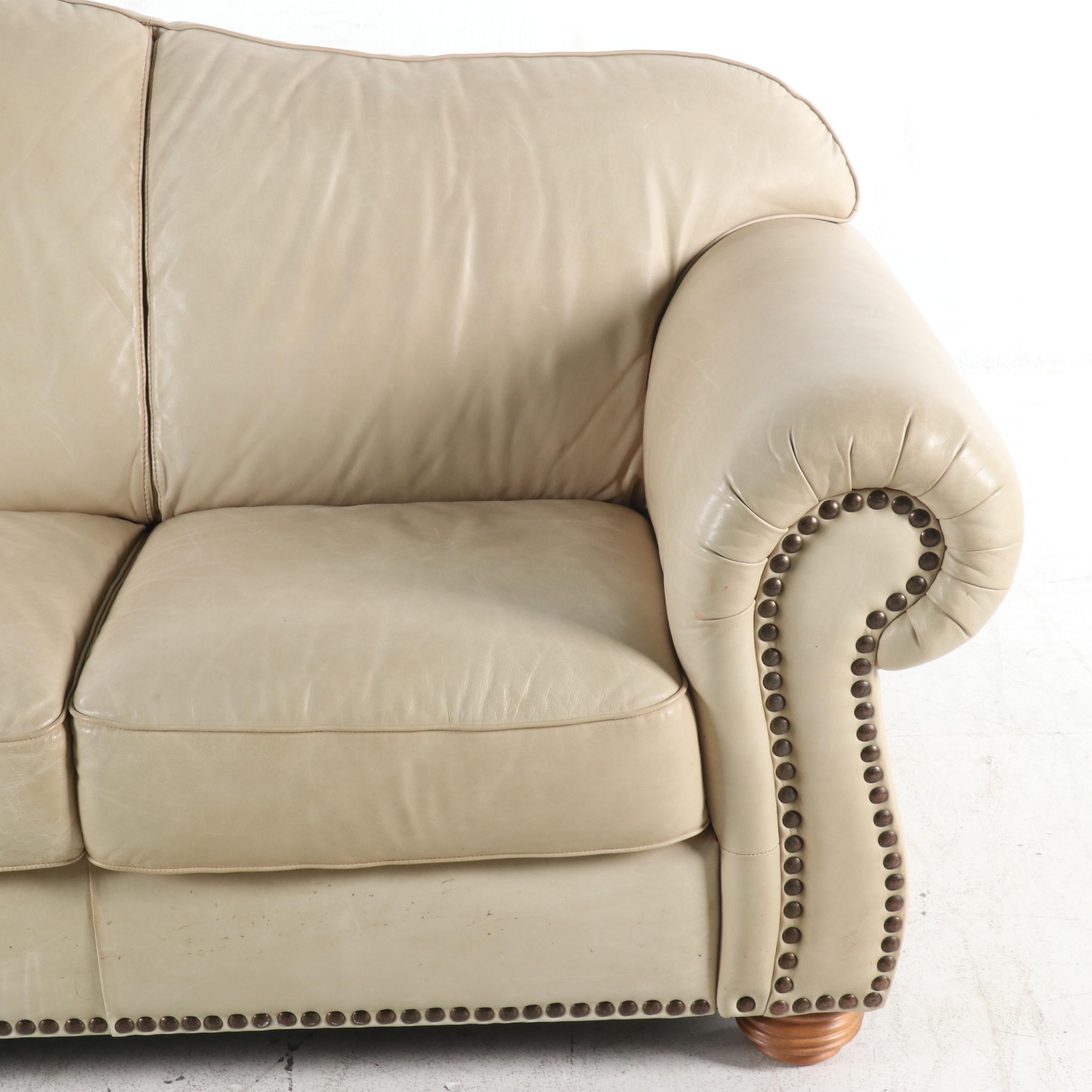 Contemporary Leather Camelback Sofa with Nailhead Trim