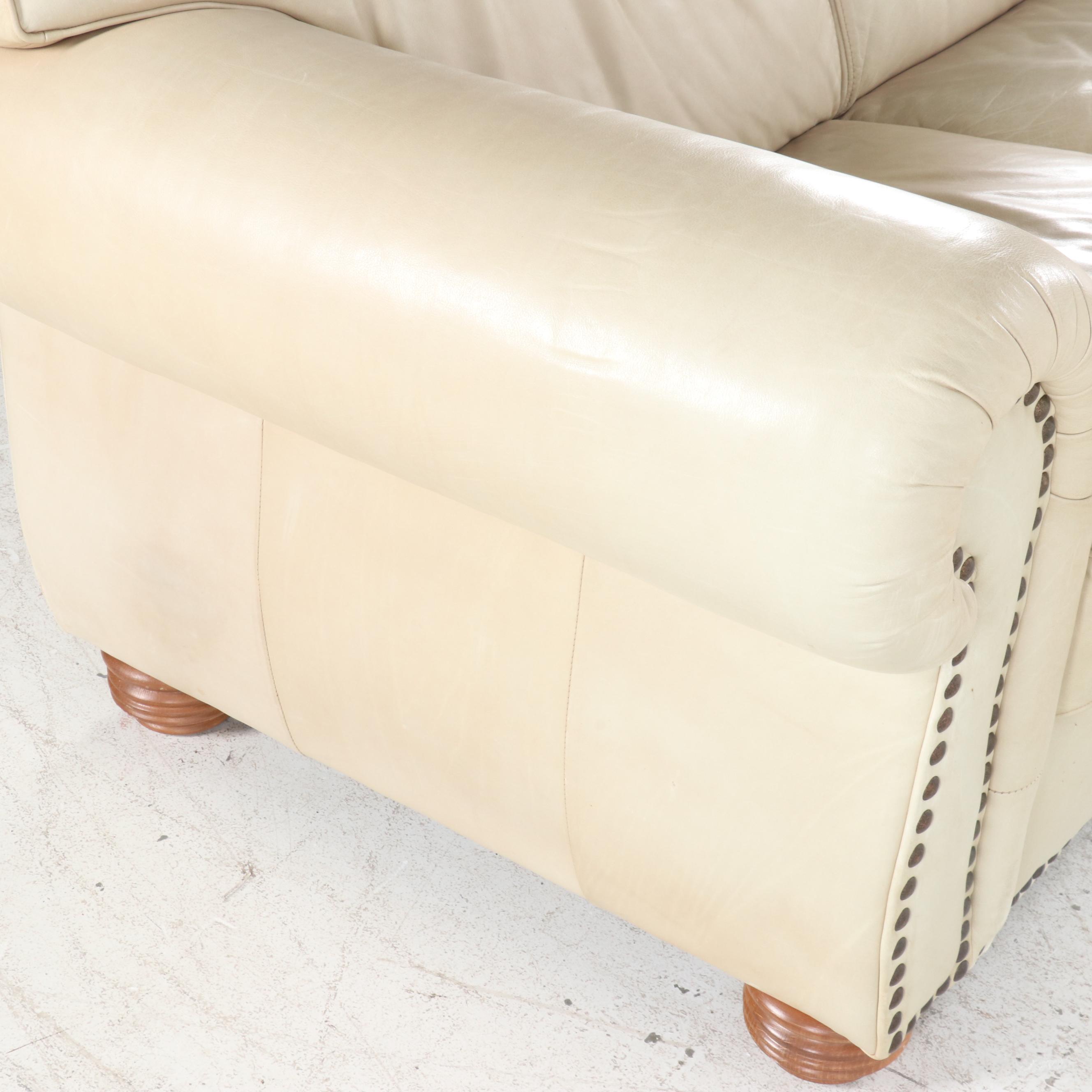 Contemporary Leather Camelback Sofa with Nailhead Trim