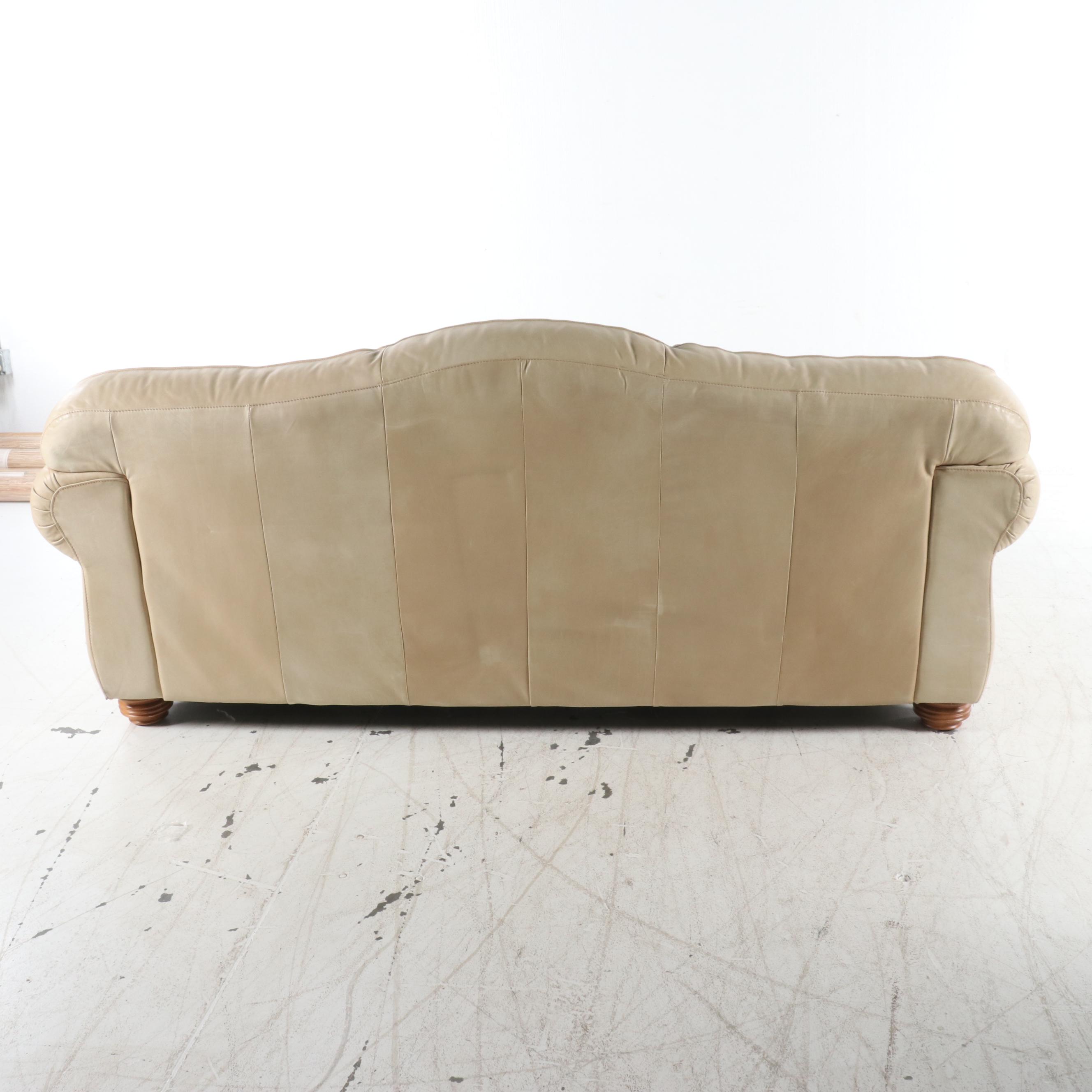 Contemporary Leather Camelback Sofa with Nailhead Trim