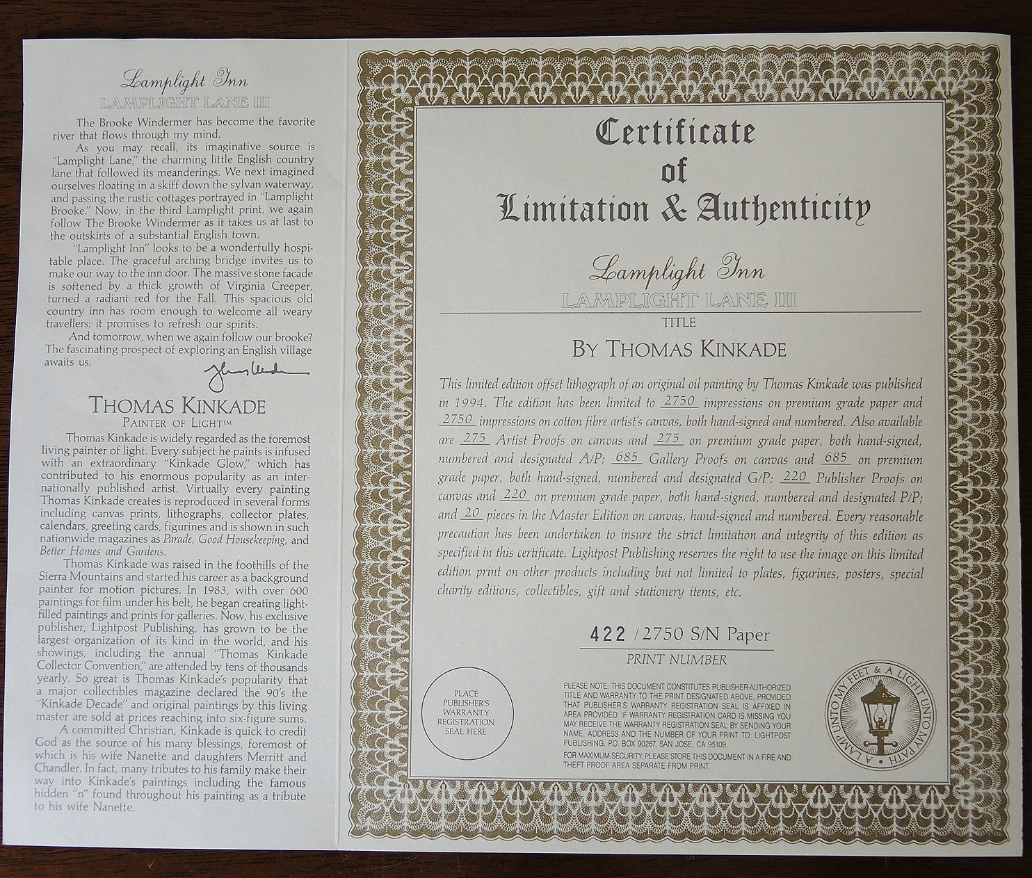 Offset Lithograph after Thomas Kinkade "Lamplight Lane III"