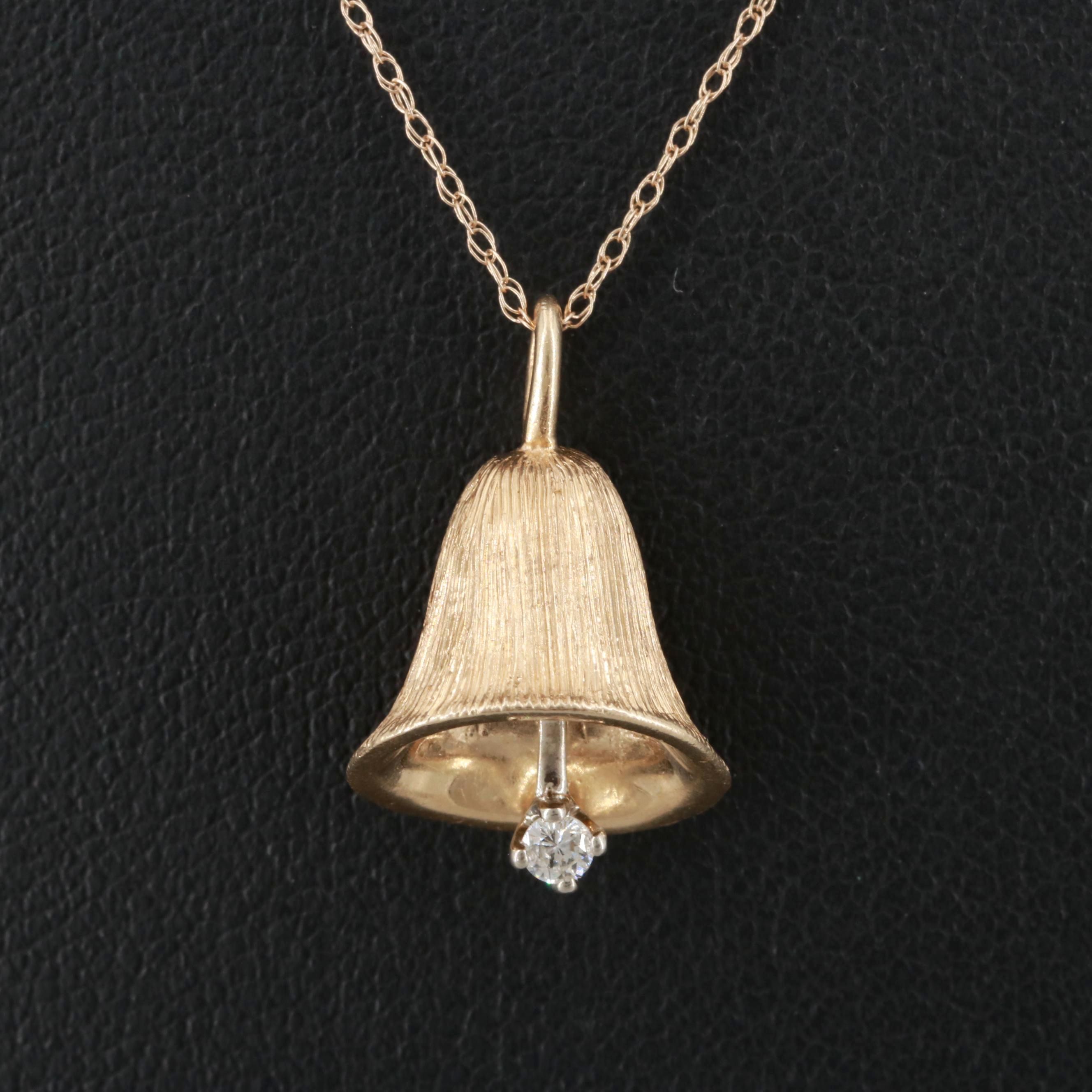 14K Yellow Gold Diamond Articulated Bell Pendant Necklace