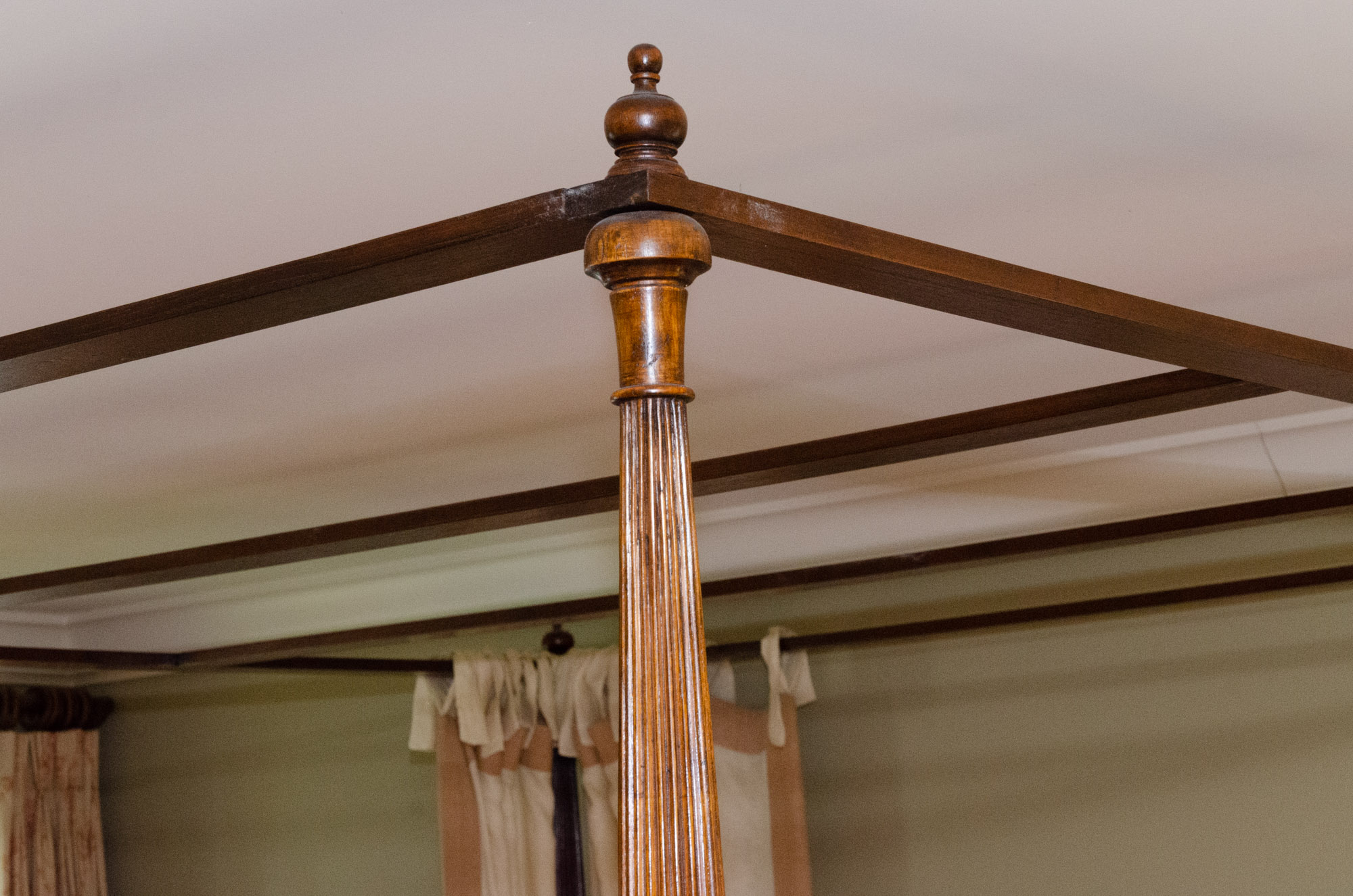 British Khaki Anglo-Indian Style King Canopy Bed Frame with Cane Headboard