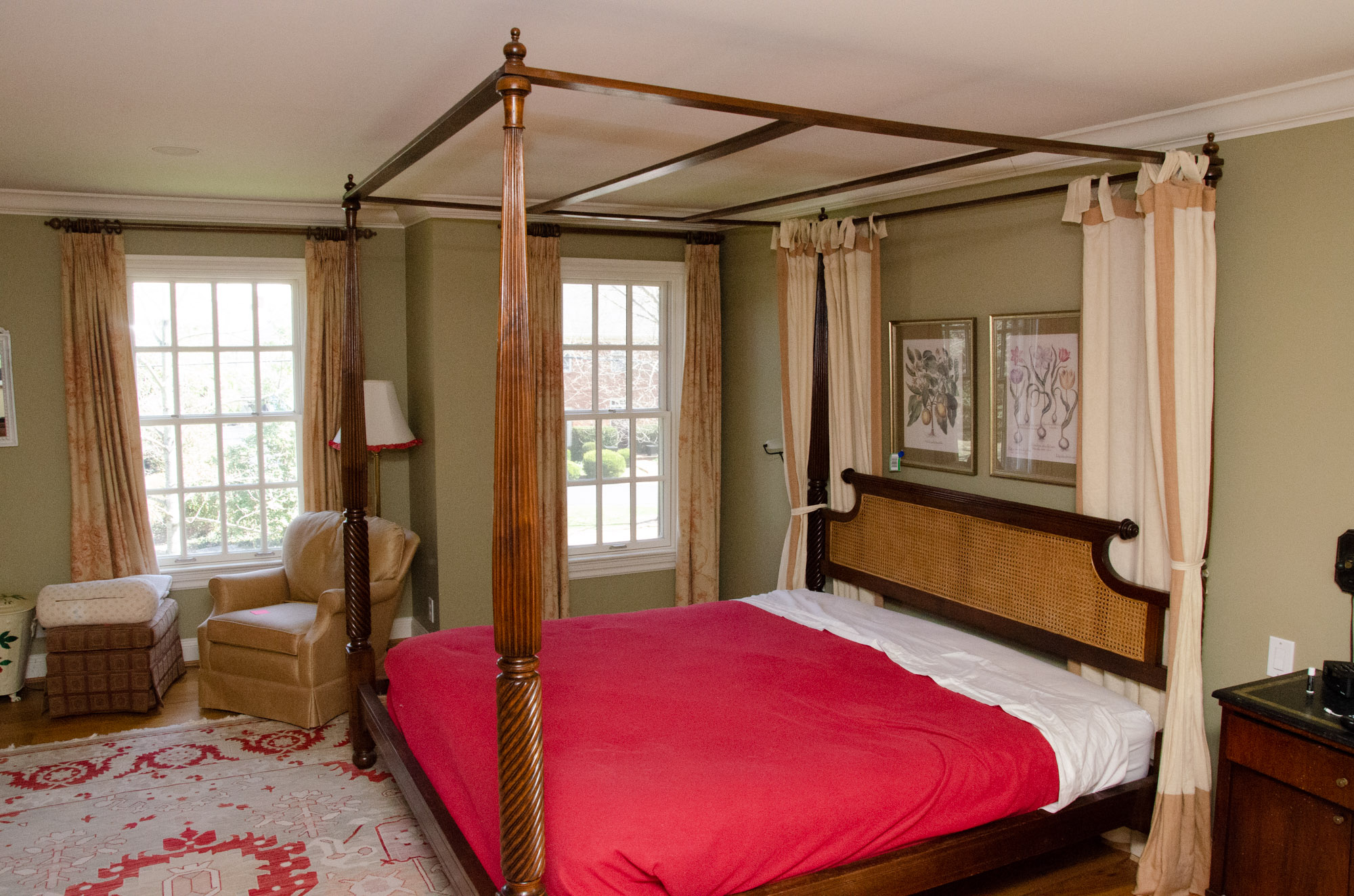 British Khaki Anglo-Indian Style King Canopy Bed Frame with Cane Headboard