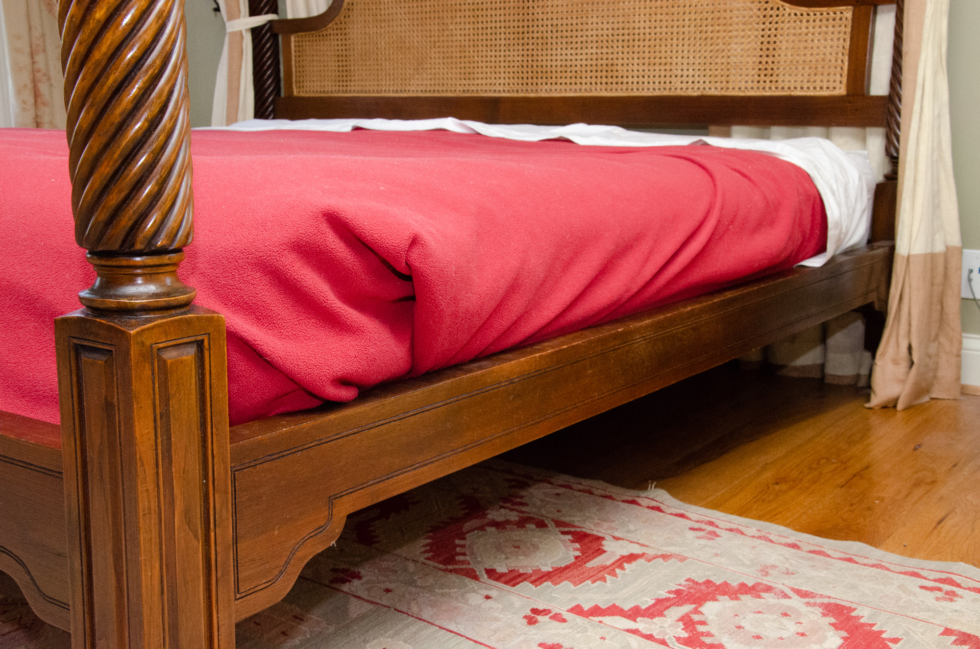 British Khaki Anglo-Indian Style King Canopy Bed Frame with Cane Headboard