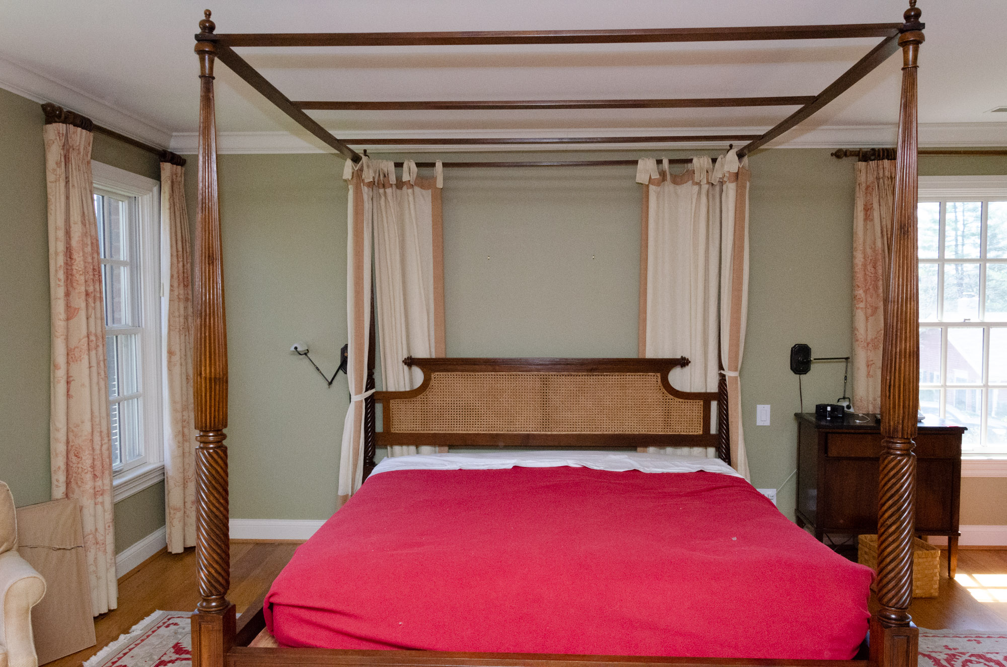 British Khaki Anglo-Indian Style King Canopy Bed Frame with Cane Headboard