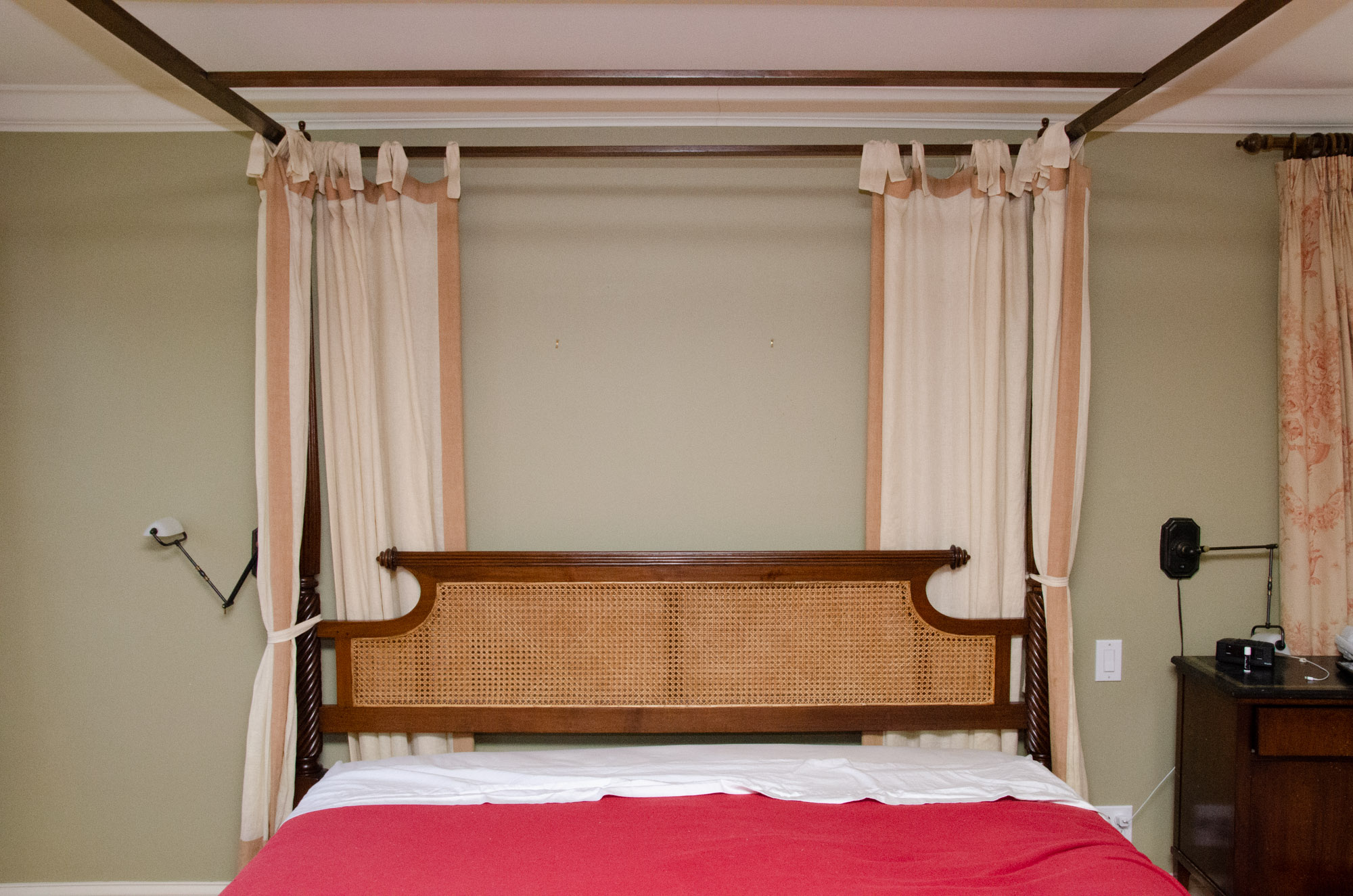 British Khaki Anglo-Indian Style King Canopy Bed Frame with Cane Headboard