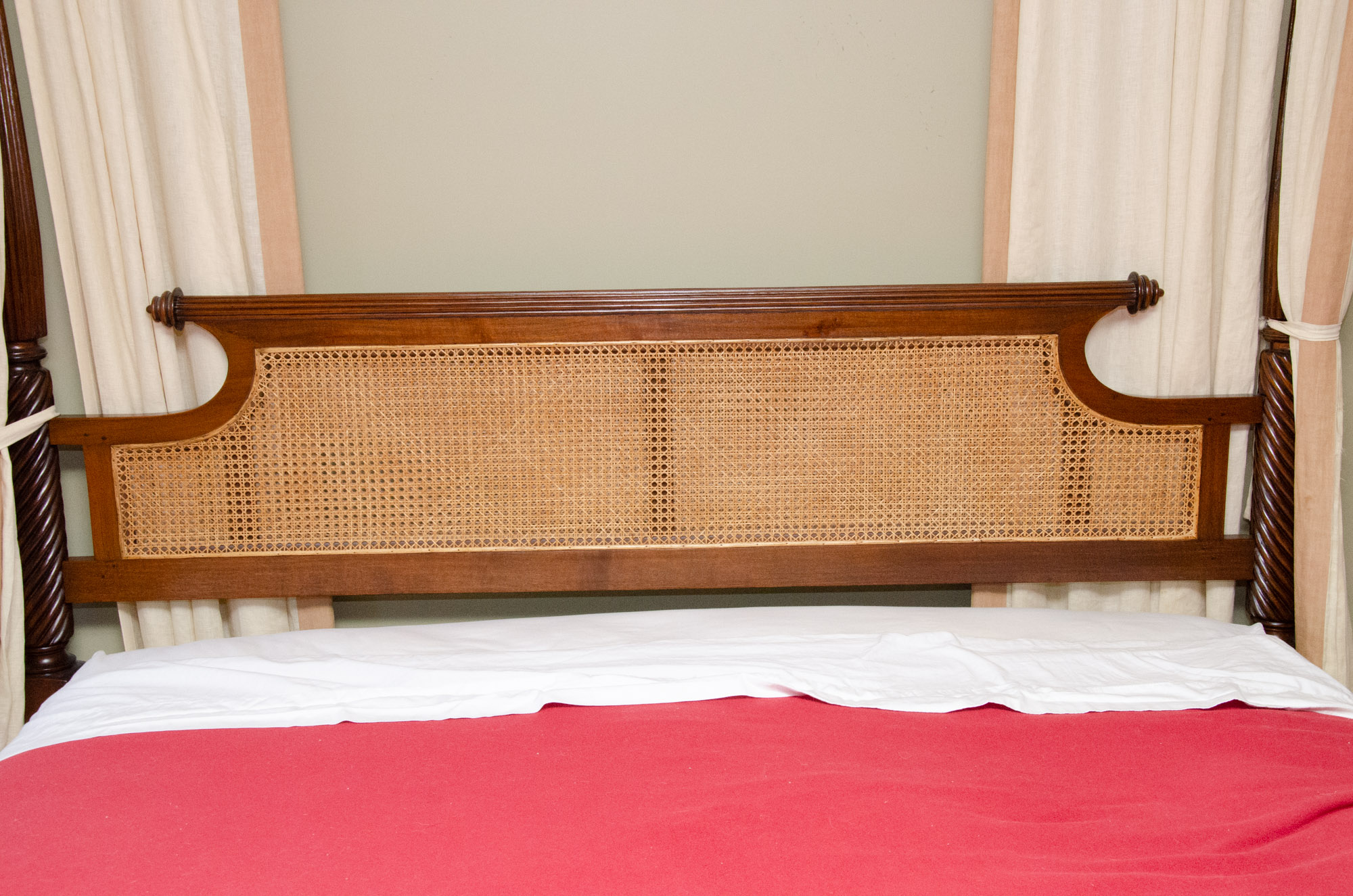 British Khaki Anglo-Indian Style King Canopy Bed Frame with Cane Headboard