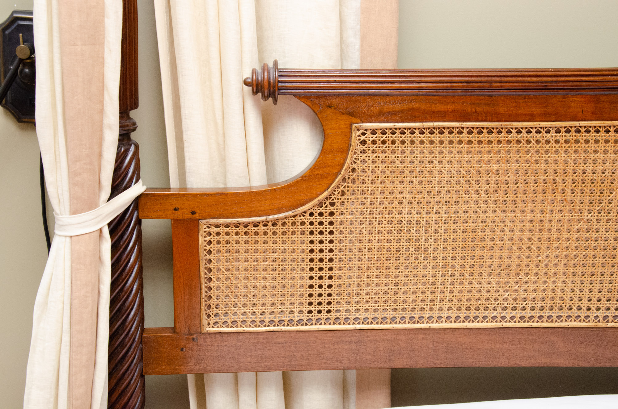 British Khaki Anglo-Indian Style King Canopy Bed Frame with Cane Headboard