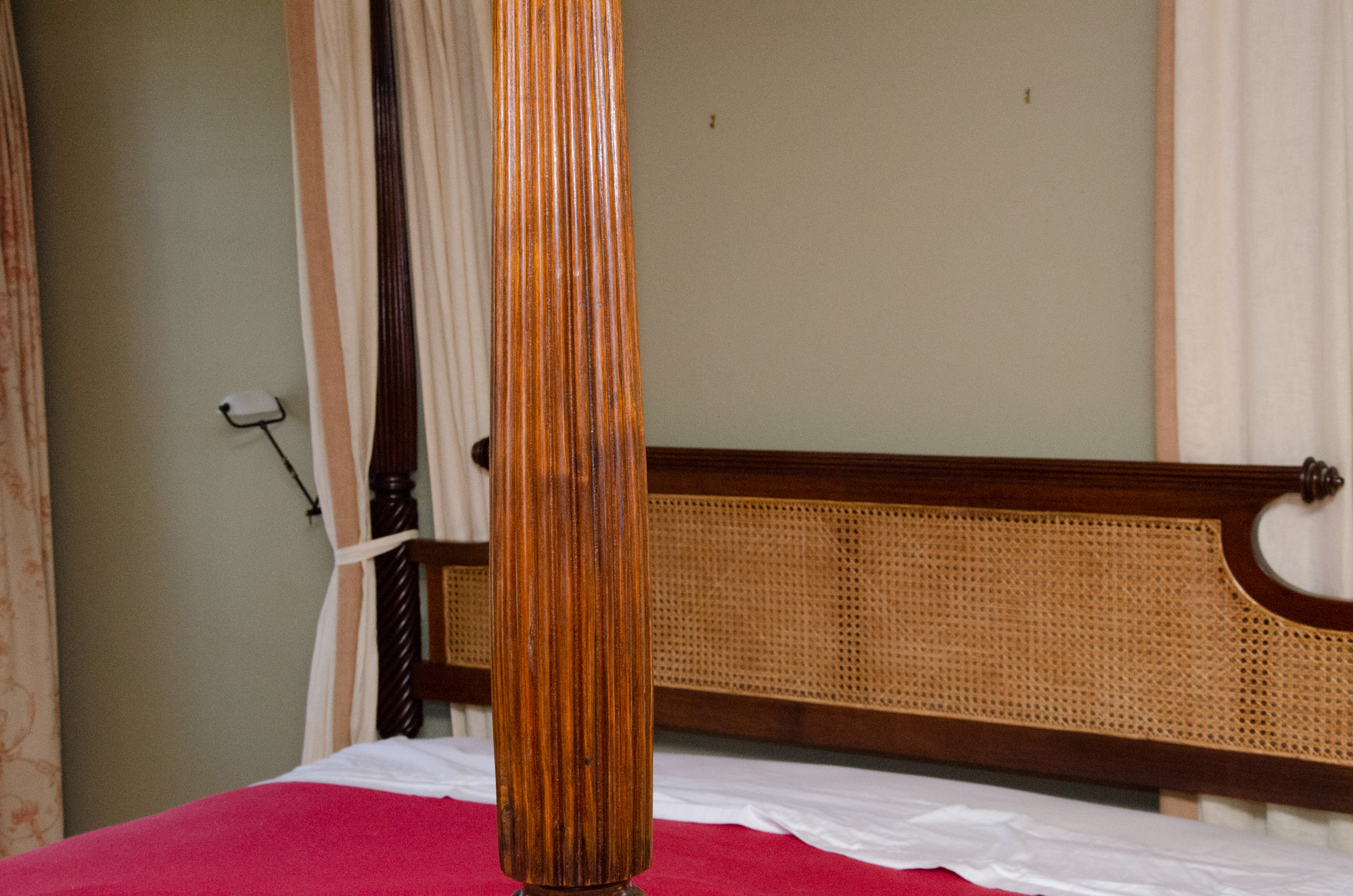 British Khaki Anglo-Indian Style King Canopy Bed Frame with Cane Headboard