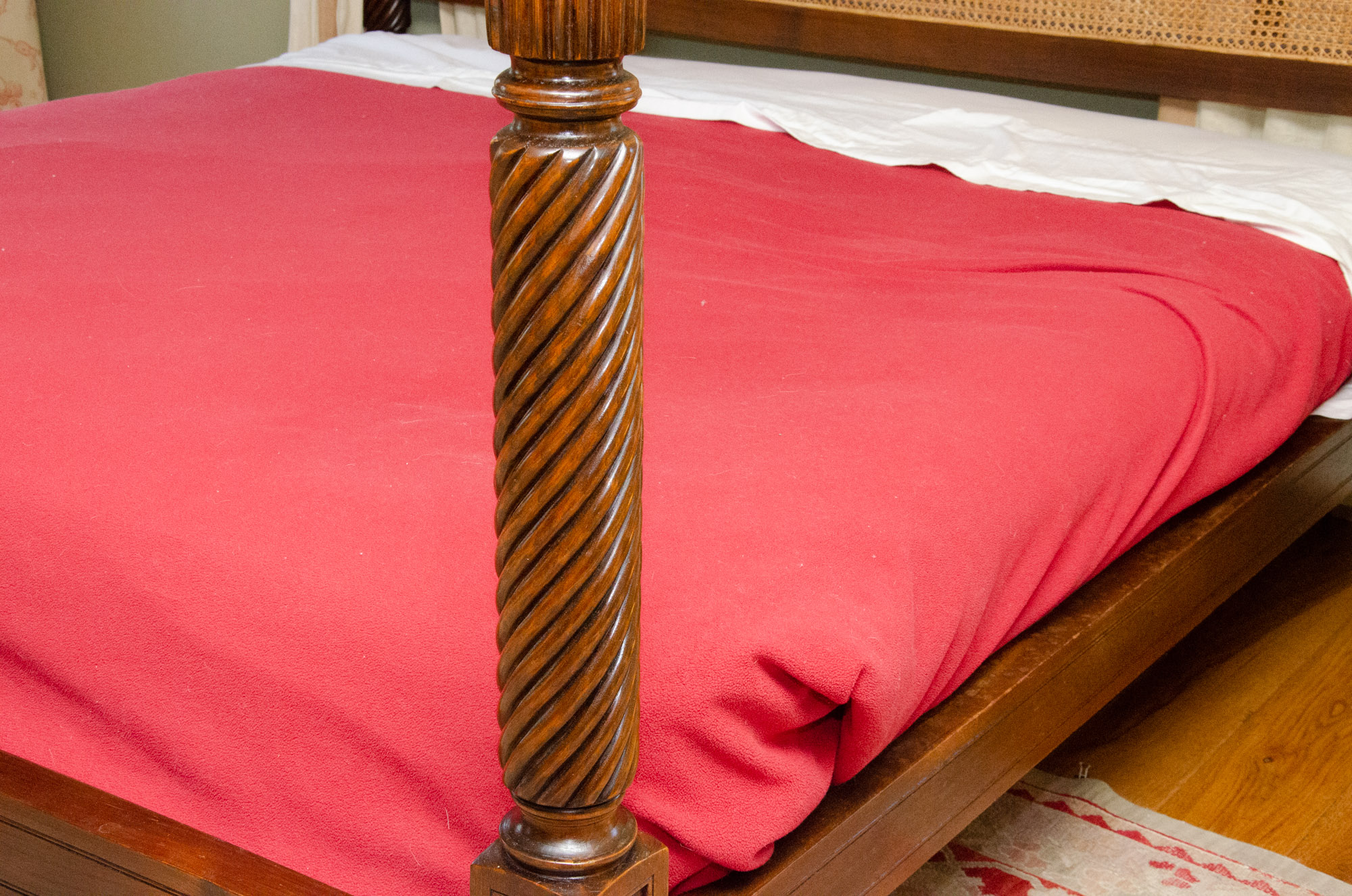 British Khaki Anglo-Indian Style King Canopy Bed Frame with Cane Headboard