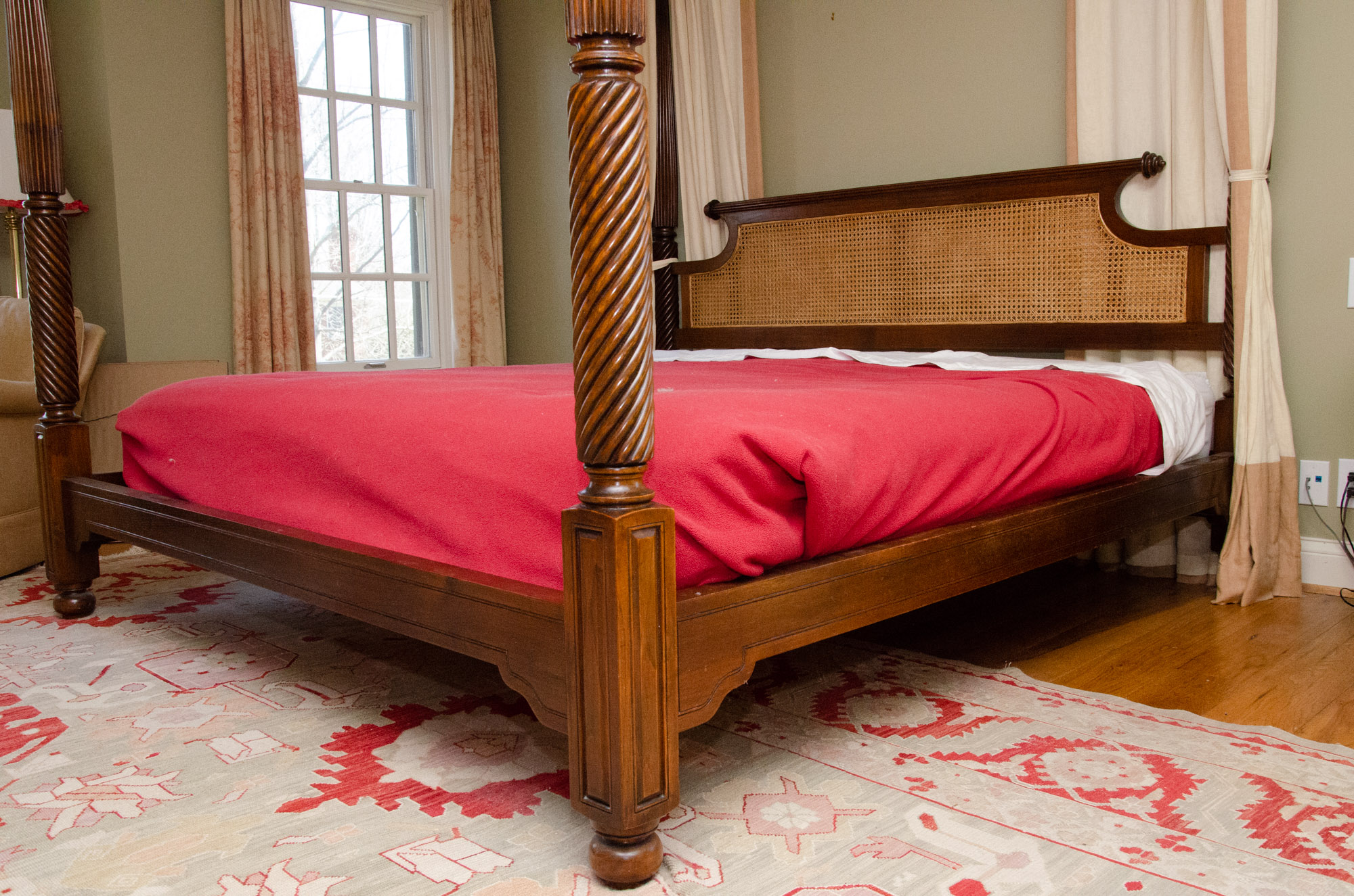 British Khaki Anglo-Indian Style King Canopy Bed Frame with Cane Headboard