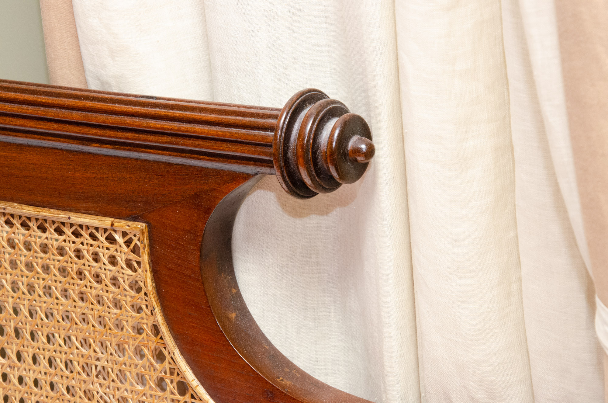 British Khaki Anglo-Indian Style King Canopy Bed Frame with Cane Headboard