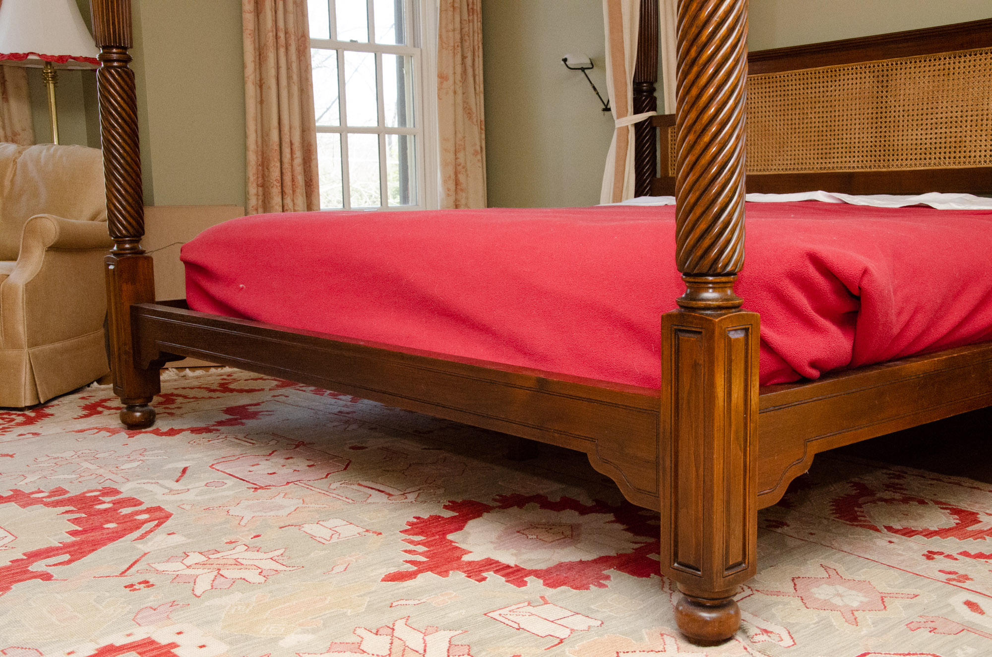 British Khaki Anglo-Indian Style King Canopy Bed Frame with Cane Headboard