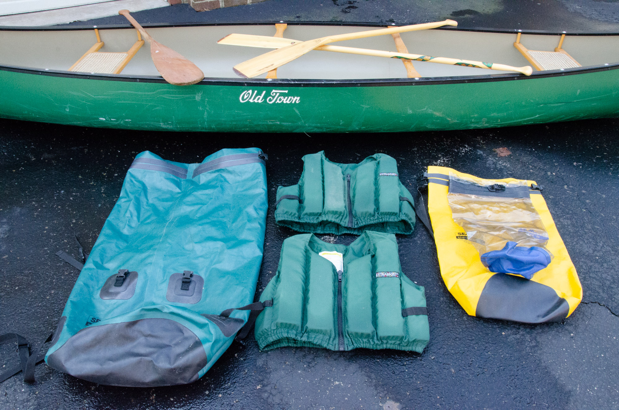 Old Town "Penobscot 16" Lightweight Canoe, Life Preservers and Waterproof Bags