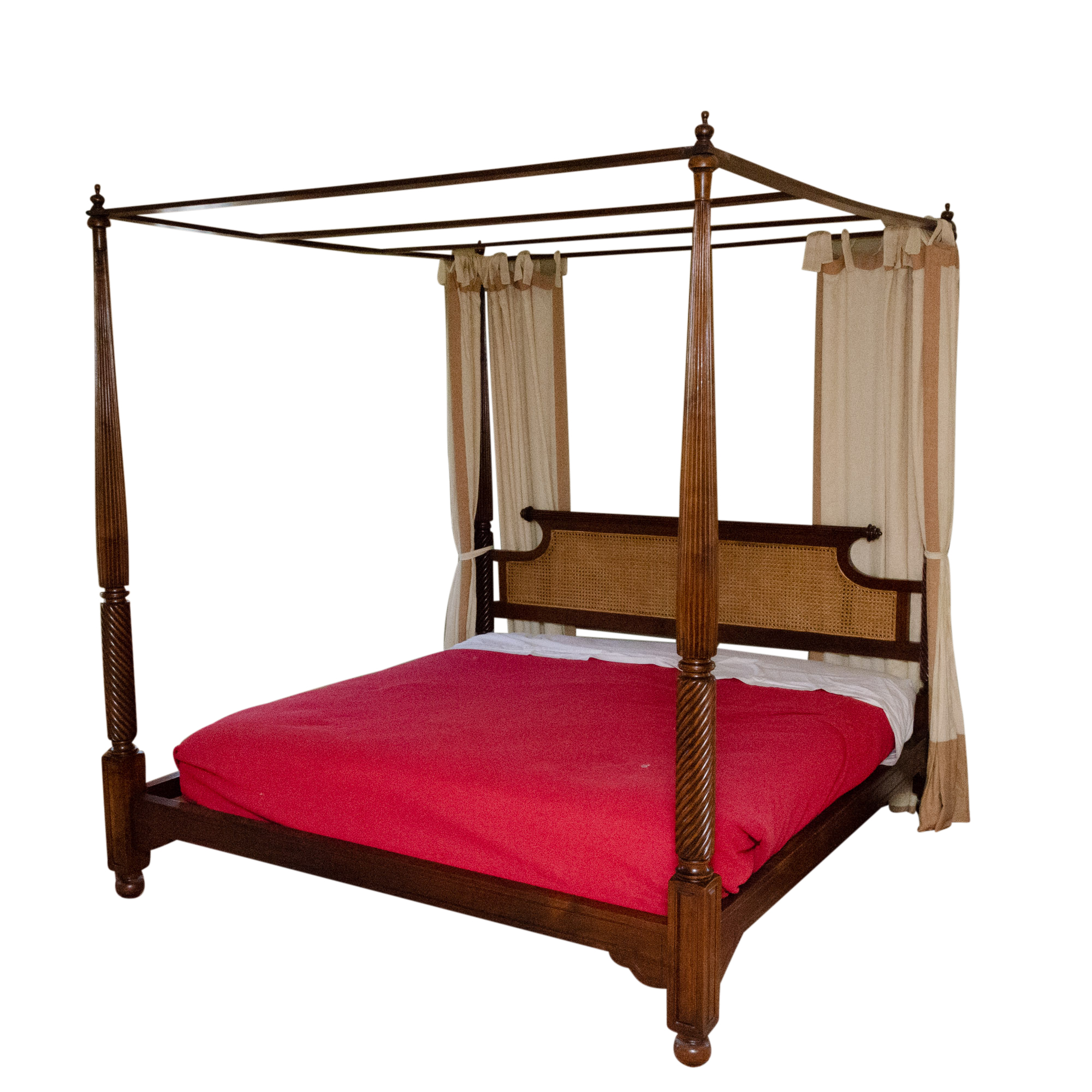 British Khaki Anglo-Indian Style King Canopy Bed Frame with Cane Headboard