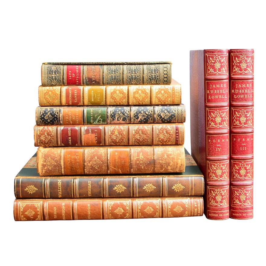 Vintage Books with Embossed Leather Boards  with Thoreau's "Walden"