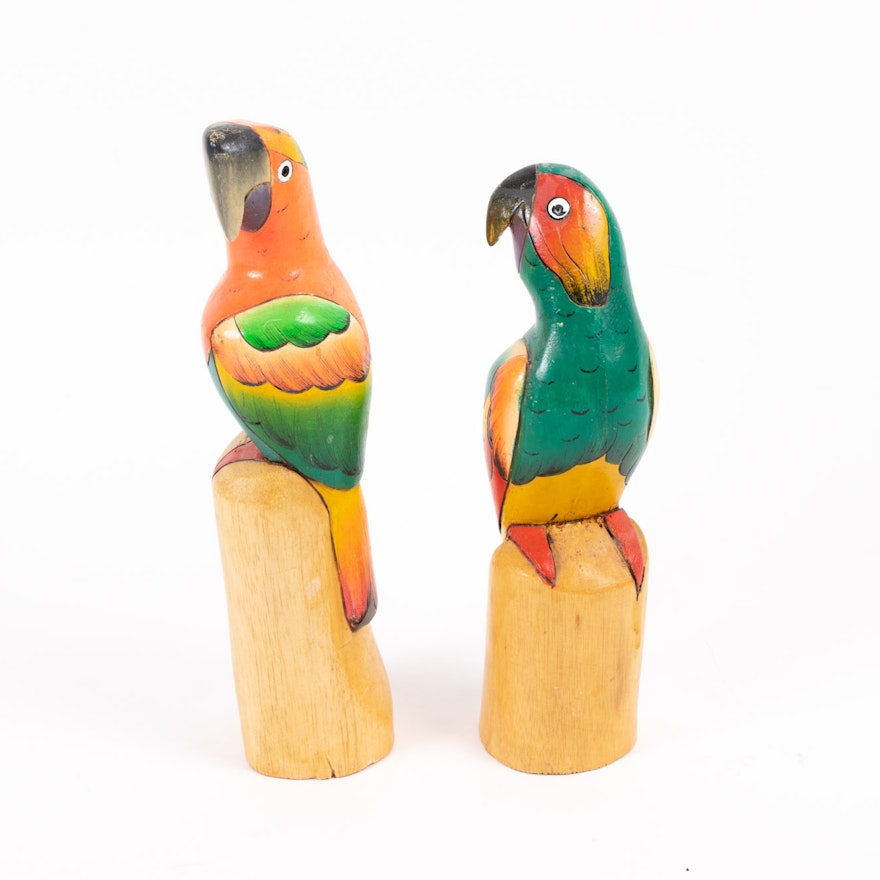 Vintage Hand-Carved and Painted Parrots