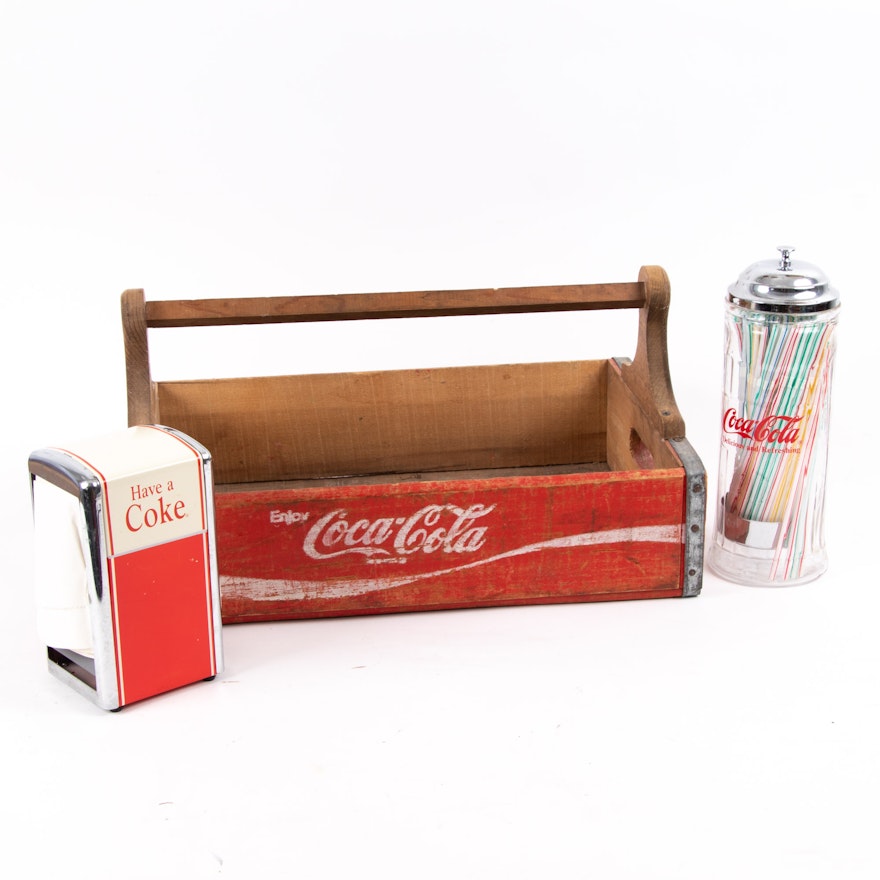 Vintage Coca-Cola Crate with Napkin and Straw Dispenser