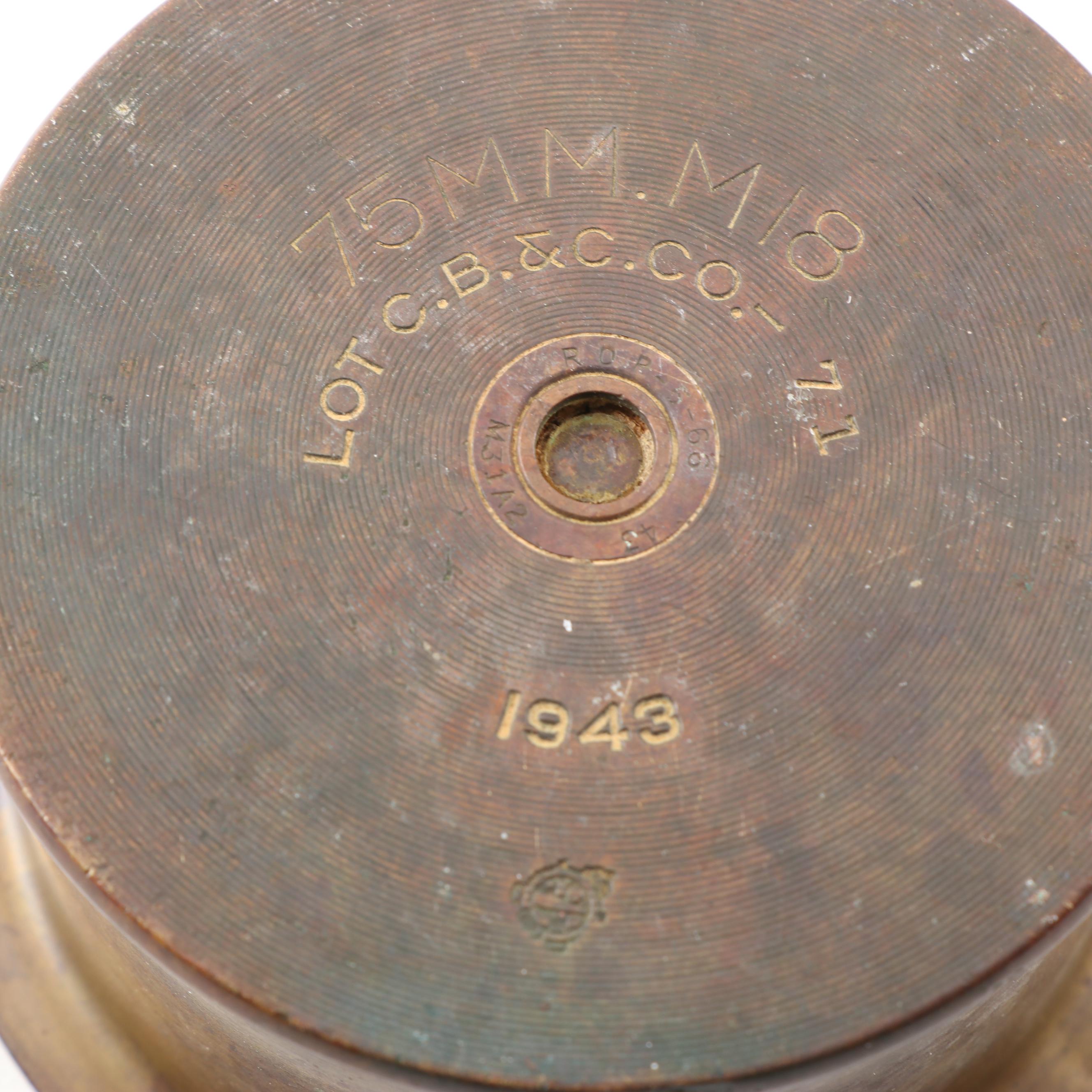 WWI Era US Navy 3 inch Shell Casing and 1943 US 75mm  M18 Tank Shell Casing