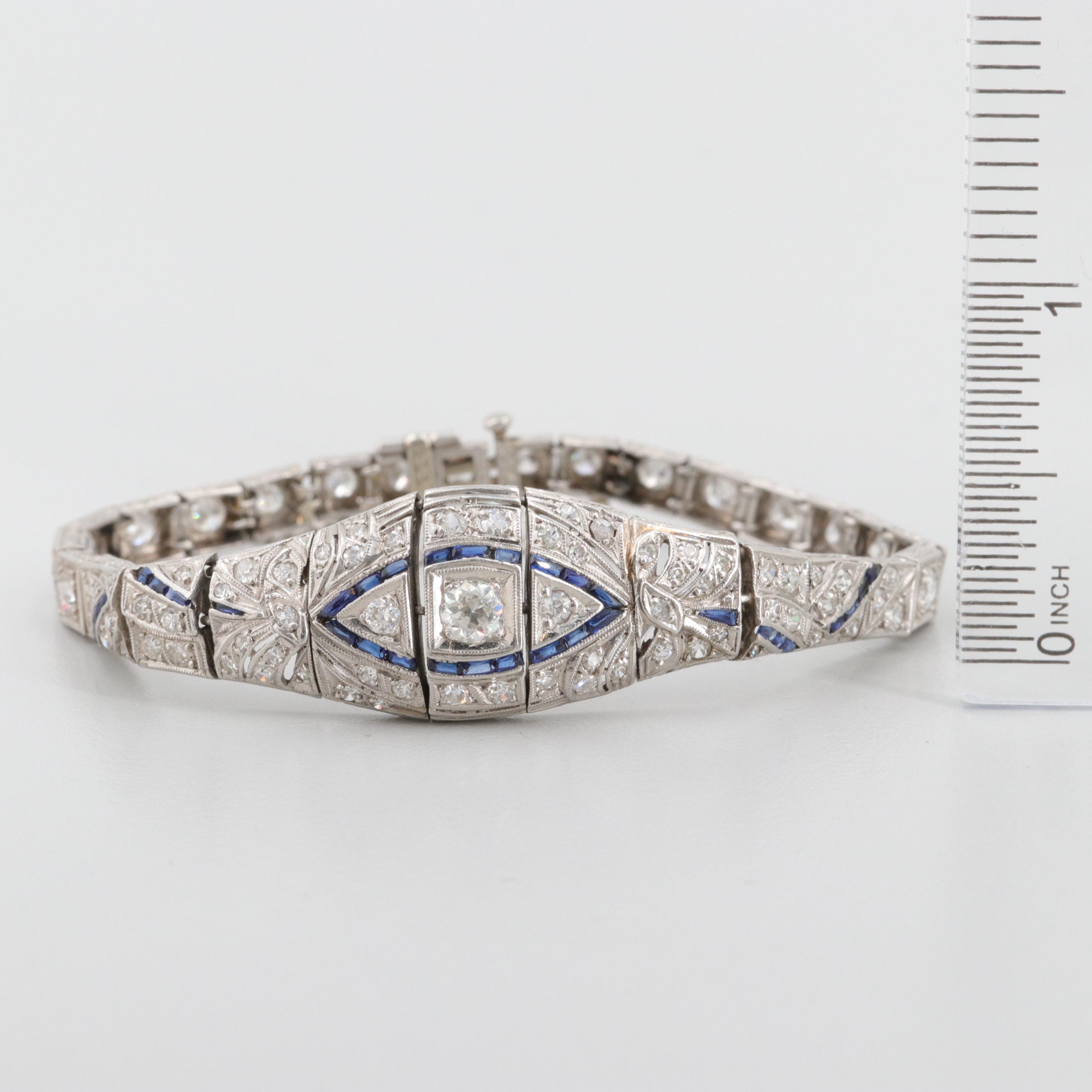 Art Deco Platinum 2.96 CTW Diamond and Synthetic Sapphire Bracelet