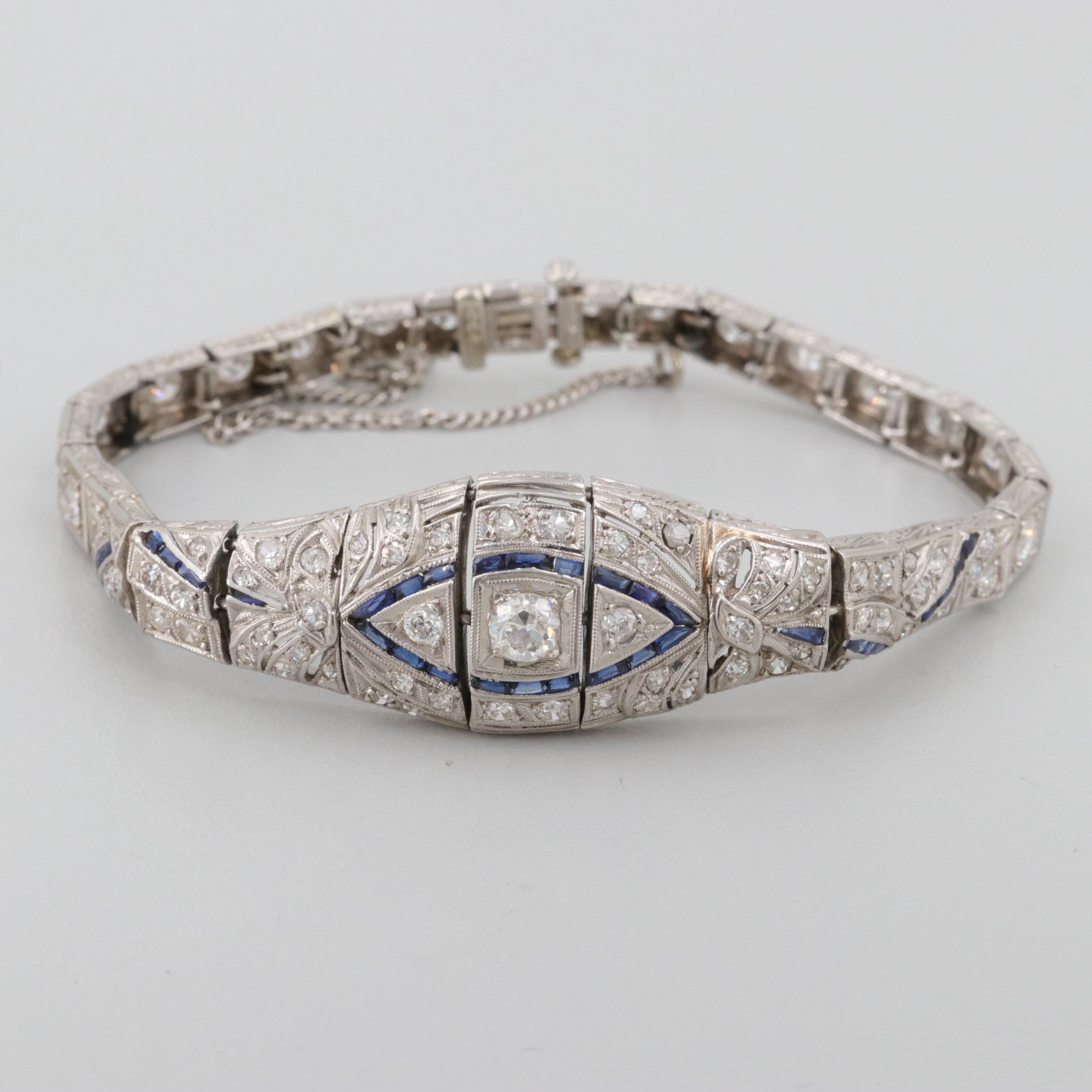 Art Deco Platinum 2.96 CTW Diamond and Synthetic Sapphire Bracelet